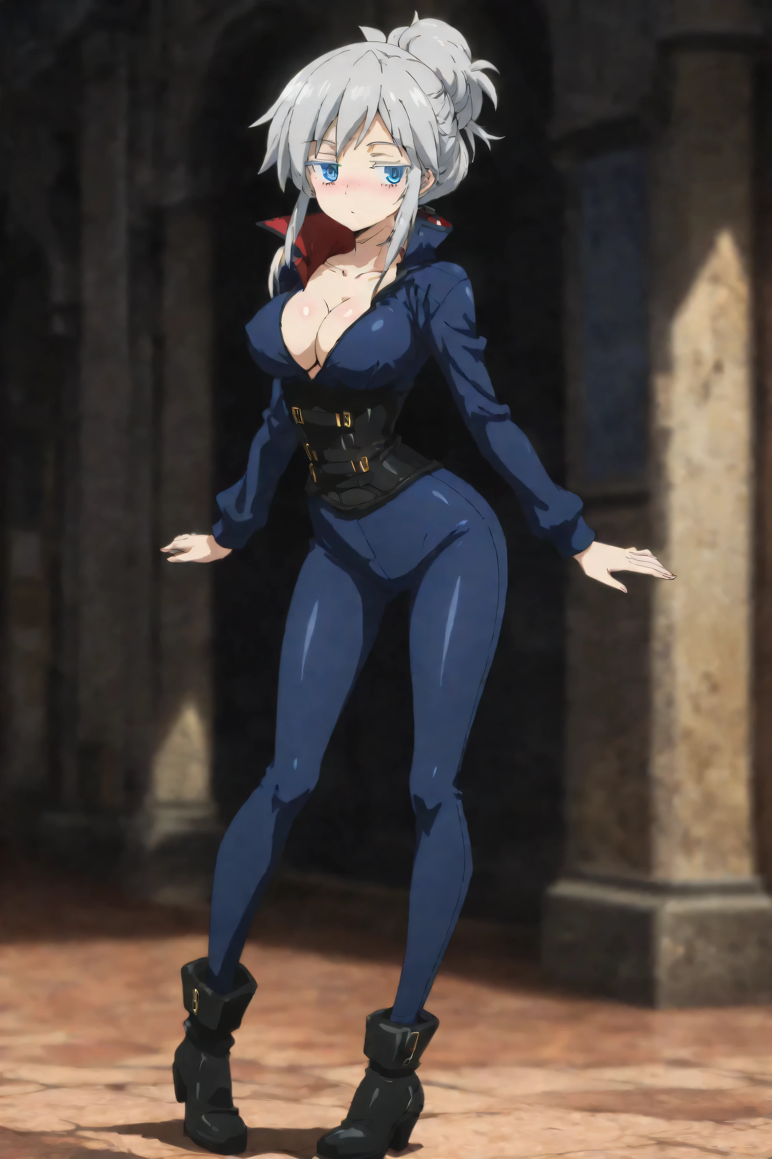 score_9, score_8_up,source_anime, high res image,masterpiece,best quality,girl,cute face,clear skin,shiny hair,ultra detailed eyes, depth of field, advanced light effect, Cinematic Lighting, solo, a skinny girl standing, looking for viewer, arched back, anime style, too short torso, narrow waist, skinny arms, very skinny legs, very long legs, (pigeon toed), tiptoe, slipping hip, coverd erectile nipples, pointy breasts, (very large breasts), cleavage, cameltoe, nose blush, deux murasame, DeuxMurasameGundamGQDMPilotSuit, grey hair, blue eyes, colored eyelashes, jitome, collarbone, popped collar, blue bodysuit, long sleeves, corset, black footwear, longlegs_v0.22_pony