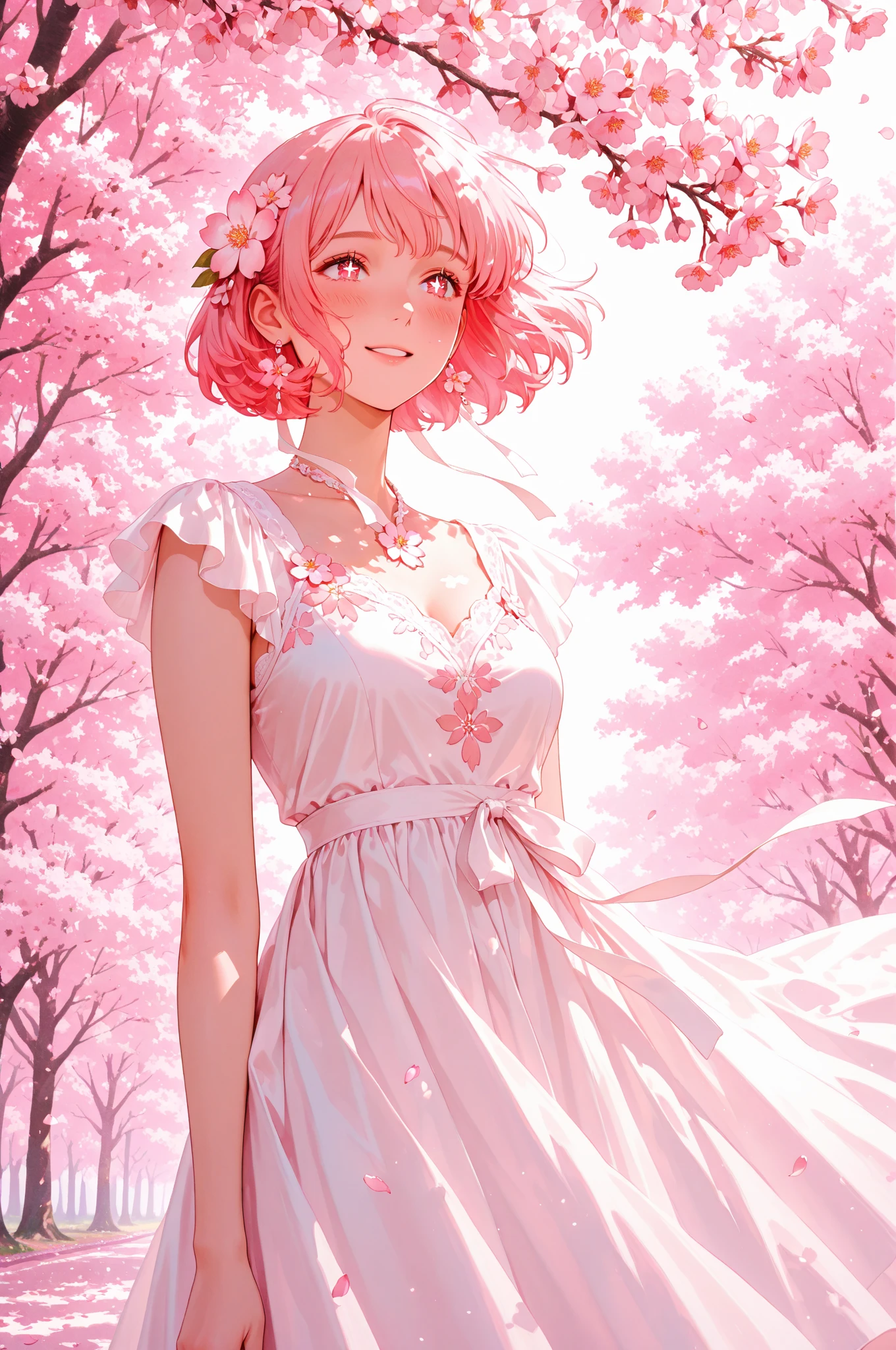 cherry_blossoms, falling_petals, petals, branch, pink_flower, 1girl, blue_sky, spring_\(season\), petals_on_liquid, flower, hanami, dress, Long blond curly hair, solo, day, sky, short_hair, outdoors, cloud, bangs, smile, pink_eyes, white_dress, _shoulders, earrings, breasts, holding_flower, wind, tree, looking_at_viewer,cowboy shot,