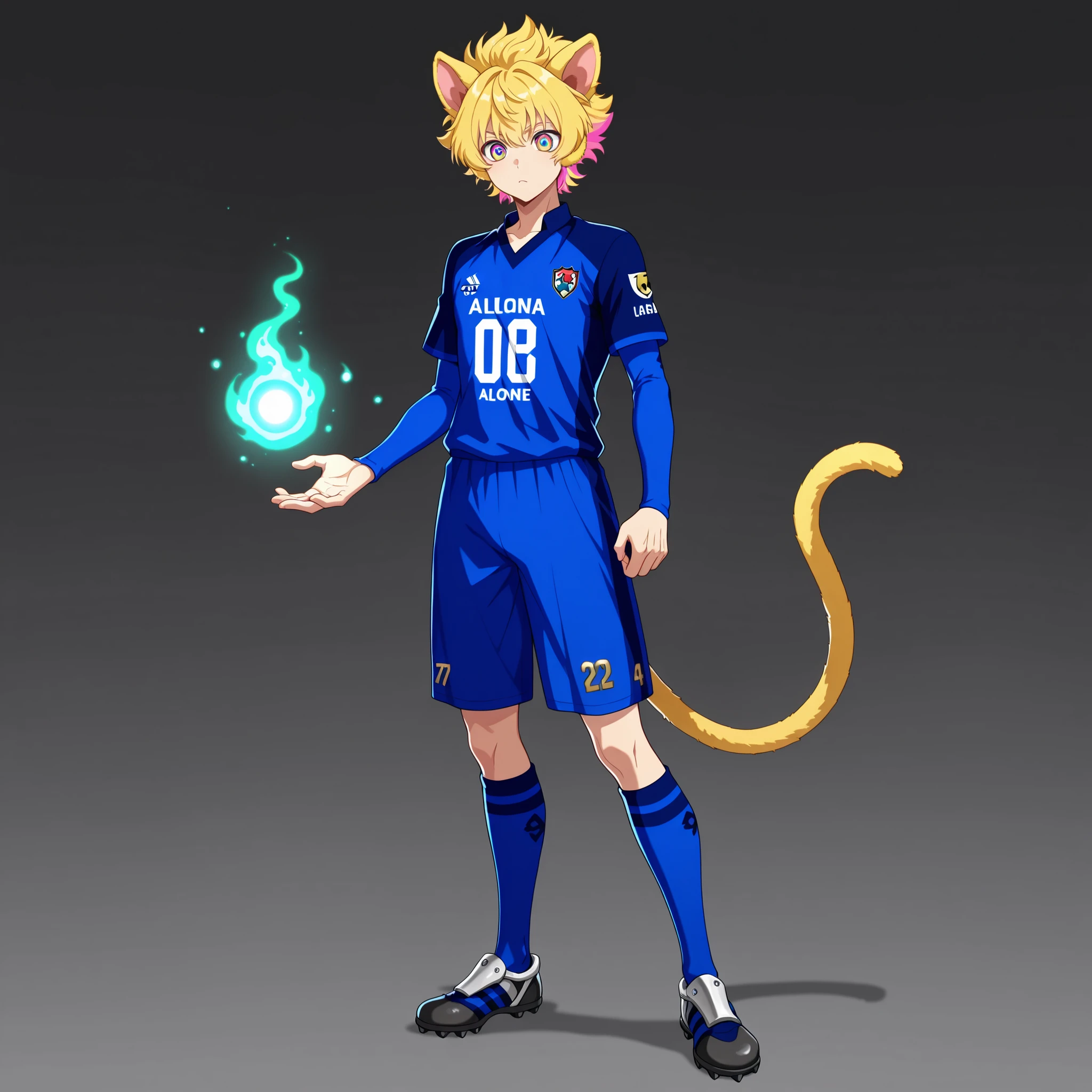 (alone),blue_lock_style, standing ,tail,monkey tail,animal ears,cat ears,full body, agressive style, anime boy, soccer uniform , blond hair ,pink highlights, multicolored eyes , glowing Karma seal ,