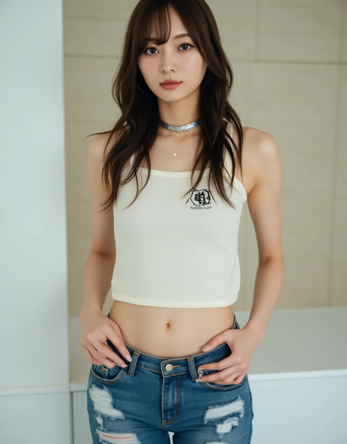 Minami Umezawa, top quality, ultra-realistic, single female, dark brown medium-long hair, perfect anatomy, perfect fingers, slim body, toned waist, thin thighs, heavily ripped washed denim jeans fastened with a safety pin, slim ivory white tank top with logo, silver choker necklace, asymmetrical haircut, raw punk feel, (((Takes off clothes and pulls down denim pants: 1.9)))