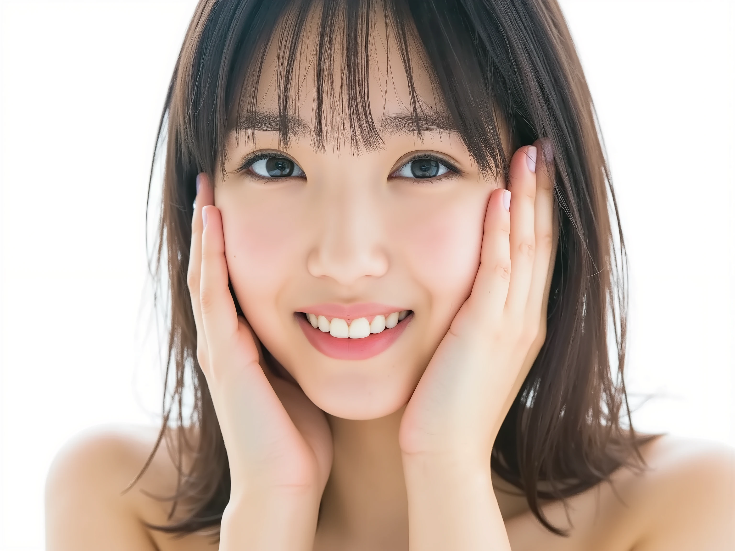 Ultra photorealistic close-up portrait of a beautiful Japanese woman,
upper-body shot, wearing a black outfit (completely out of frame, not visible),
shoulders and collarbone softly exposed,
both hands pressing her cheeks in a shy, lovestruck pose,
sparkling eyes gazing dreamily at the viewer with overwhelming affection,
cheeks blushing deeply with a sweet reddish glow,
soft glossy lips forming a tender, slightly pouty smile,
expression melting with love, playful, dreamy, adorably bashful,
purely cute and lovestruck, overflowing with affection and warmth,
smooth glowing skin texture with delicate details,
hair softly framing her blushing face, slightly tousled,
background pure white with gentle blur,
(masterpiece, best quality, high resolution, intimate romantic close-up, cinematic magazine cover style)