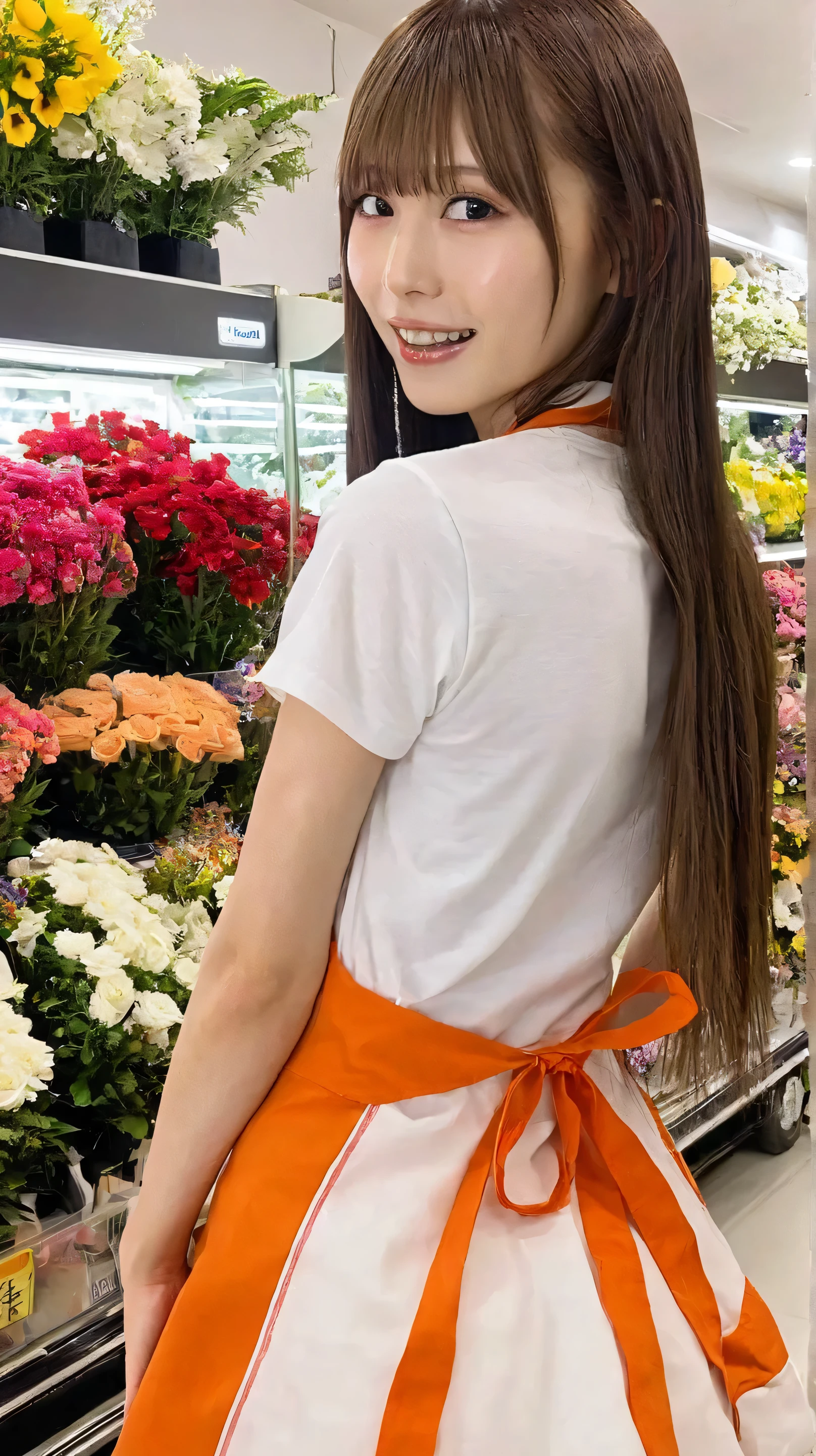 (Masterpiece , Best quality: 1 . 4) , (Ultra realistic , Photo-realistic: 1 . 3) ,
detailed face,detailed skin,
back ground is flower shop,depth of field,bokeh,
full body shot, looking at viewer,solo,
a girl named artgravia,japanese idol face,
long hair, brown hair, long hair, lips, teeth, nose, bangs, upper teeth only,
white T-shirts and an orange apron, flared skirt,
slim body,small breasts,
asuka saito