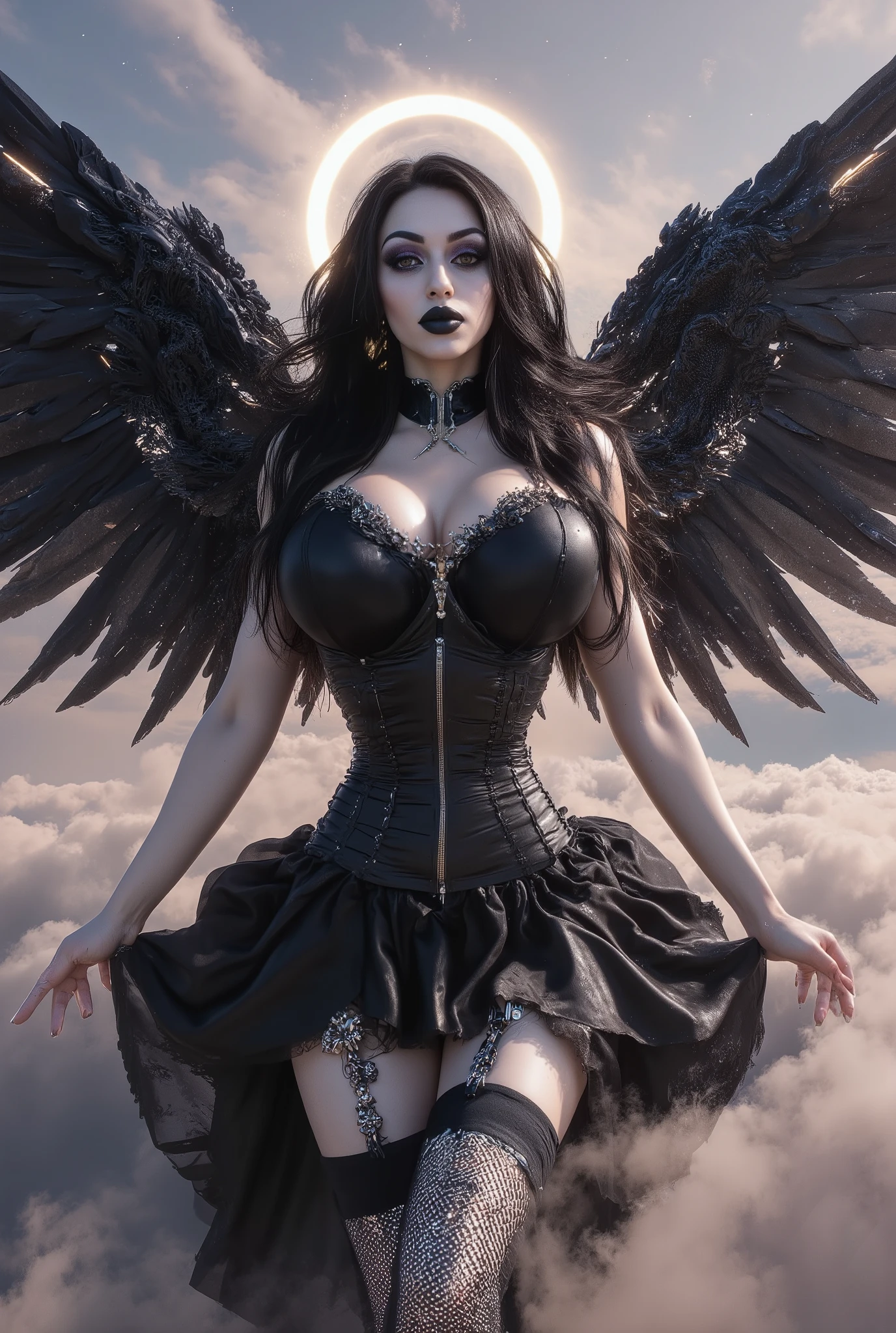 Masterpiece, best quality, extremely Beautiful face, glossy bold lips, black smoky eyeshadow, heavy eyelashes,   A group of goth ethereal female angels with delicate black wings and garter belts stretch amidst soft pastel clouds, their halos aglow with warm ethereal light as wispy cloud vapour strands dance around them, shimmering iridescent black wings gently unfolding amidst a serene celestial landscape.
