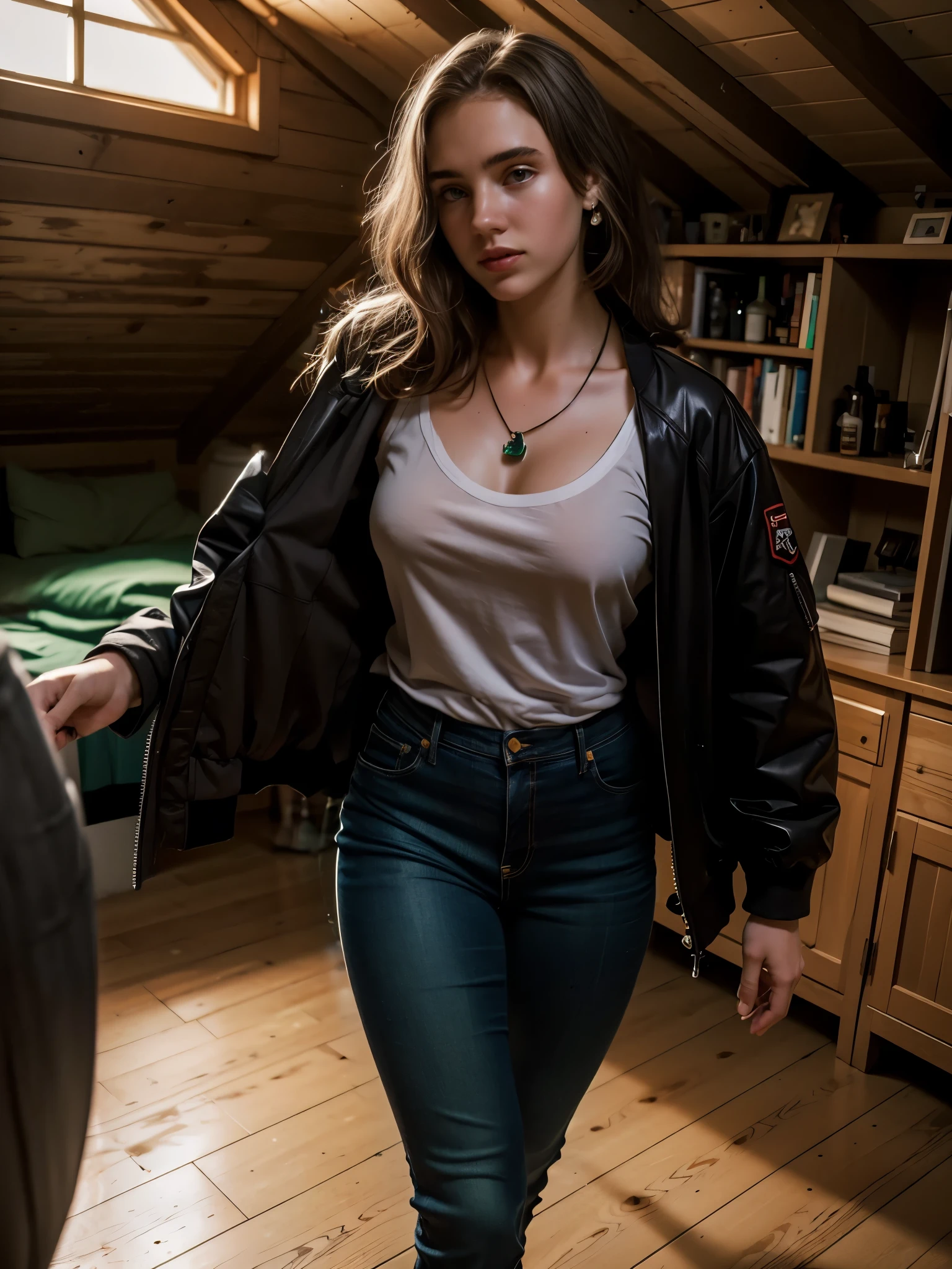 Replace hair, hand and pants for dark jeans. remove these objects in scenario. green necklace