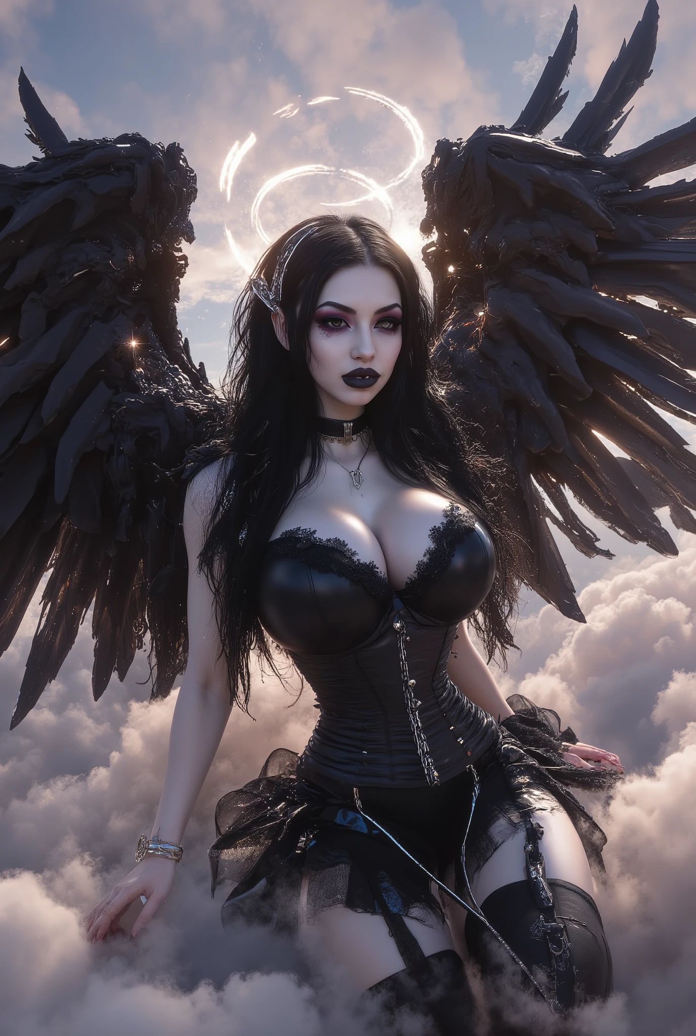 Masterpiece, best quality, extremely Beautiful face, glossy bold lips, black smoky eyeshadow, heavy eyelashes, A group of goth ethereal female angels with delicate black wings and garter belts stretch amidst soft pastel clouds, their halos aglow with warm ethereal light as wispy cloud vapour strands dance around them, shimmering iridescent black wings gently unfolding amidst a serene celestial landscape.