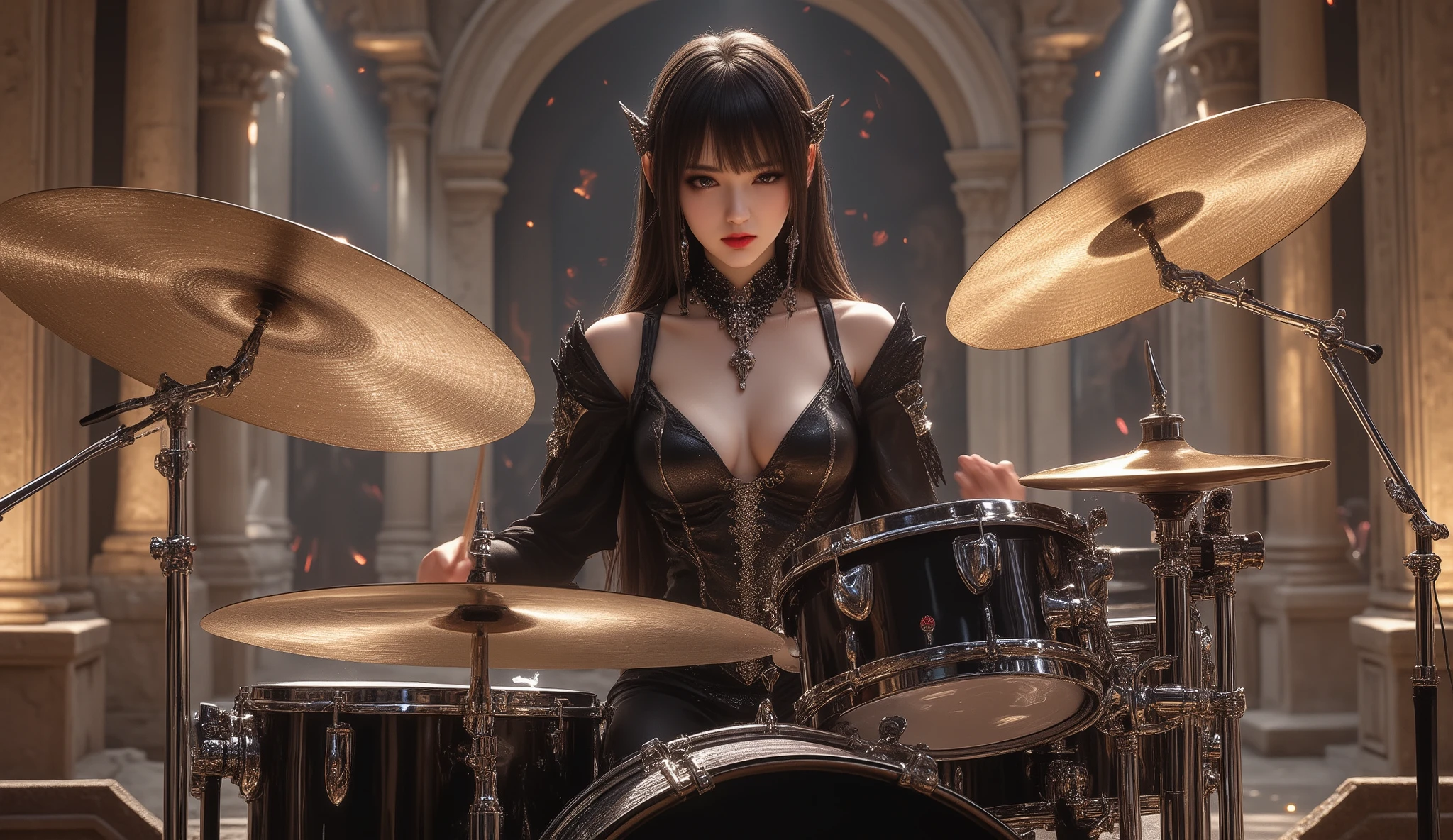 ultra detailed, absolutely resolution, masterpiece, a very beautiful female heavy metal drummer, (drum set, with two bass drums, one snare drum, ten toms, a floor tom, and twenty iridescent, plated cymbals of various sizes), wearing their own gothic stage costumes in black and personal colors with a unique fashion sense, playing drum solo, outstanding technique, performing intensely, with ancient Greek and Roman amphitheaters in the background, countless spotlights, highly detailed, sharp focus, vibrant colors, soft lighting, cinematic composition
