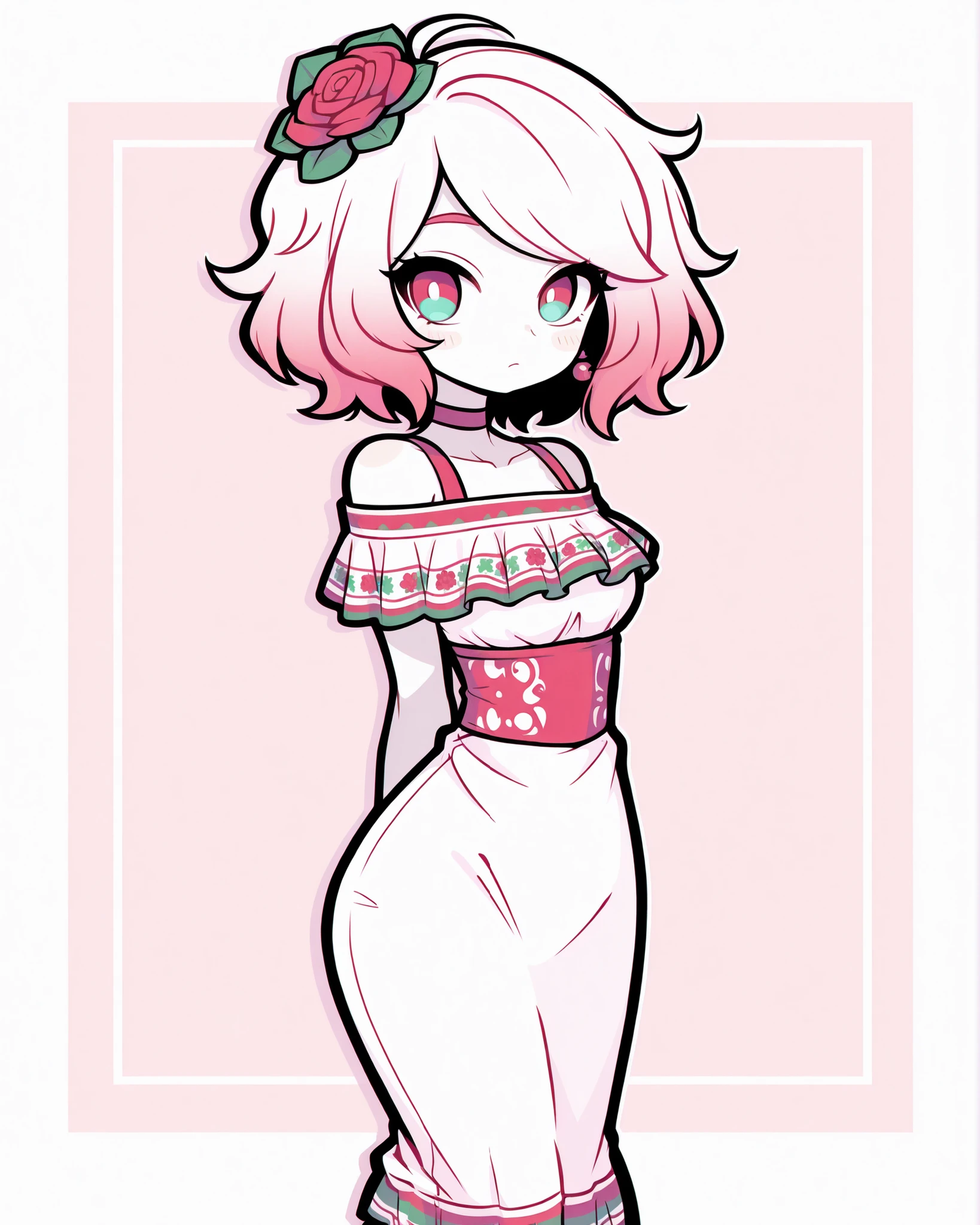 CartoonyIllustrious,shojo anime girl, short pastel hair, wearing traditional Mexican dress simplified, pastel red green white palette, clean line art, cel-shading, white background (Septiembre 15 vibe)