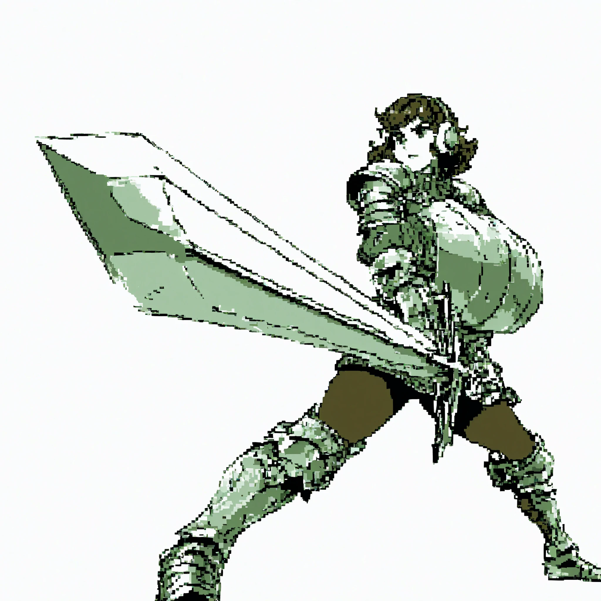 brandishing a large sword, solo, greatsword, 1girl, 18yo girl, short hair, brown hair, short wavy hair, long sleeved sweater, breastplate, pauldrons, tights, greaves, earmuffs, broadsword, covered breasts, breastplate, steel armor, simple background, Amazoness, armor, gauntlet, shin guards, fighting stance, (sunrise stance), Brave Perspective, foreshortening, green eyes, pretty face, holding sword, legs apart,huge weapon,holding sword in front of own body, green sweater, brown leggings, green theme, monochrome, pixel