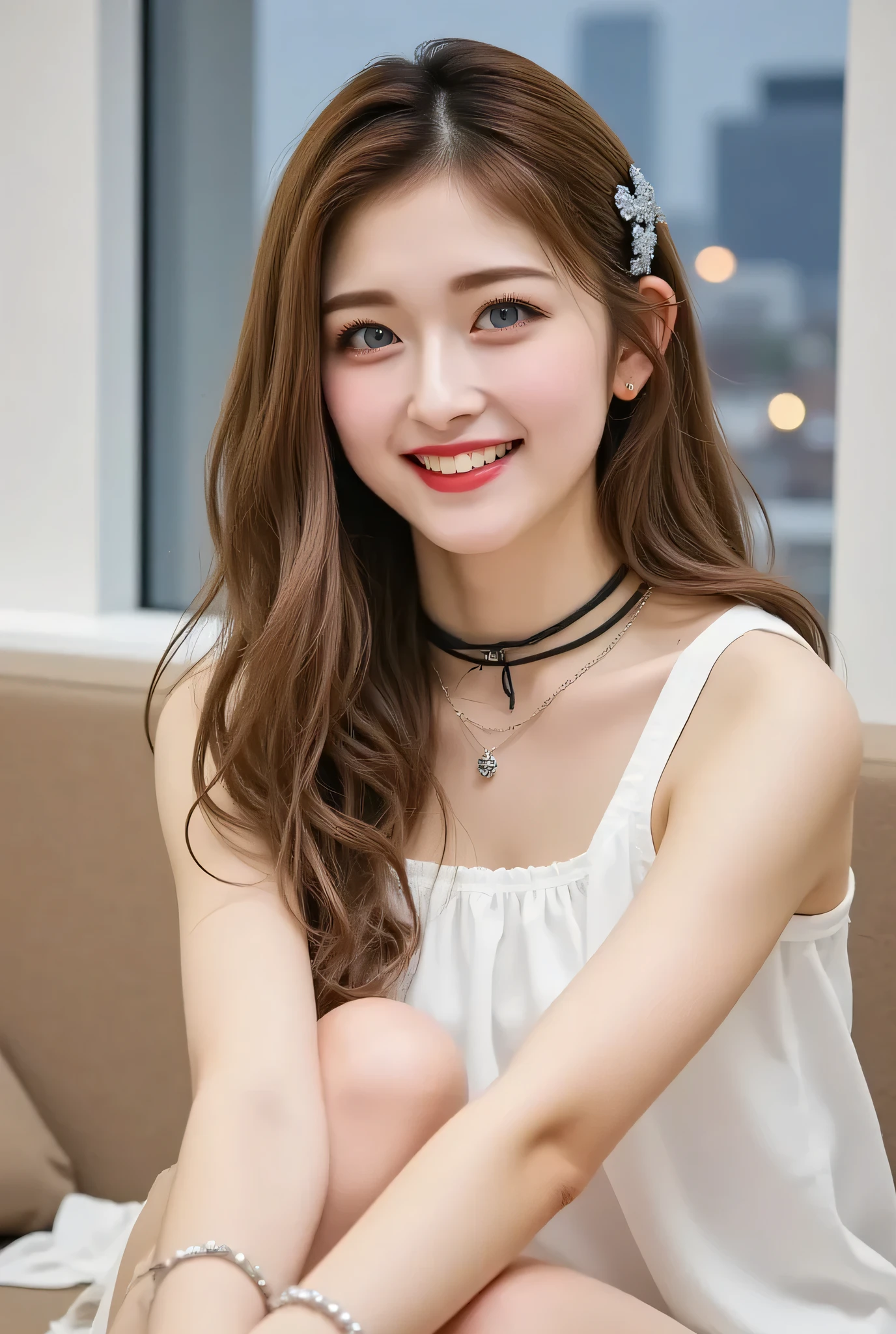 (Girl Sitting on Office Couch)、Beauty、One person、One person、long hair、Viewer、Smile Yan、blue eyes、hair ornaments、、gem、gray hair、口を close、Dull bangs、nail polish、bracelet、lips、Gray eyes on her back、portrait、red nails、 close、赤いlips、stand up、Place your hands on your cheeks、(shiny skin with 6 people)、(skyscrapers are blurry outside the window))、(Girl with legs spread slightly )、(leg enlargement )、(white panties can be seen)、( 8k 、 RAW pictures 、 Highest Quality 、 masterpiece:1.2 )、 ( (real、photorealism、 (high resolution:1。3)、 (Super Detailed:1。3)、 (1 personの女の子:1 person。3)、 ( High Accuracy CG Unity 8k Wallpaper :1 。3)、 (Fine Skin Texture、Detailed Cloth Textures、detailed hair texture)、 (beautiful detailed face、 supermodel 、pale skin、realな輝く肌)、 ( RAW pictures、Highest Quality)、 (real、 photorealismック:1。4)、masterpiece、very delicate and beautiful、amazing、Fine-grained、highly detailed CG Unity 8K wallpaper、huge file size、super detail、high resolution、absurd、soft lights、Rimlight、bright detail、hotel room、short bob hair、Black hair color、大きな自然な色のlips、big boobs、(perfect body)、Beautiful legs、break(gray theme:1)。Lit Leakage Enhancement) (a fusion of a sleeveless white one-shoulder sweater and a white micro dress:1。4)、(black garter and garter belt)、(black stockings)(body lines:1。2)、((Bare Shoulders、Vegetarian wrist、Bare thighs):1。3)、 (wool:1。2)、(Ski Cable Braided Stitch:1。3)、((underbust from the veil、Side milk):1。2)、break(Heeled Sandals:1。2)、(earrings:1。3)、 ( black choker necklace 1。2)teeth、Cry a little、小さなSmile Yan、Harajuku Wind、20 year old girl、Cute type、、open
