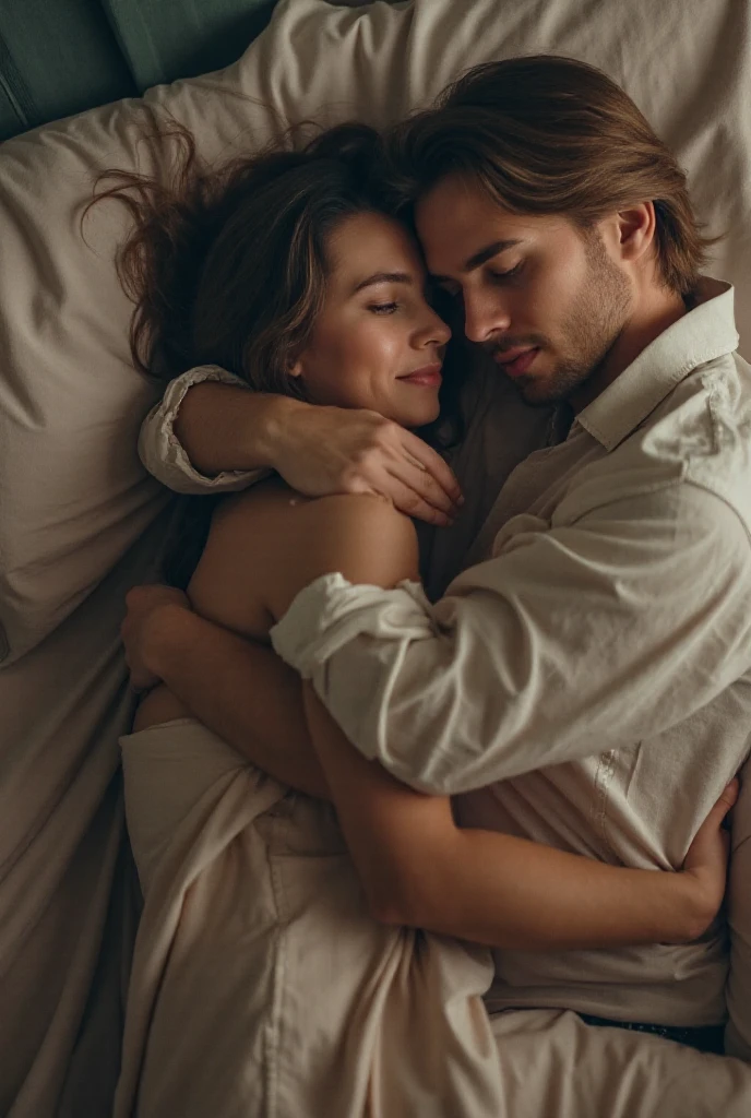 An intimate moment captured between two lovers entangled in each other's arms on a bed covered in soft, fluffy blankets. 8k, hyper realism, vibrant colors, sharp crisp image