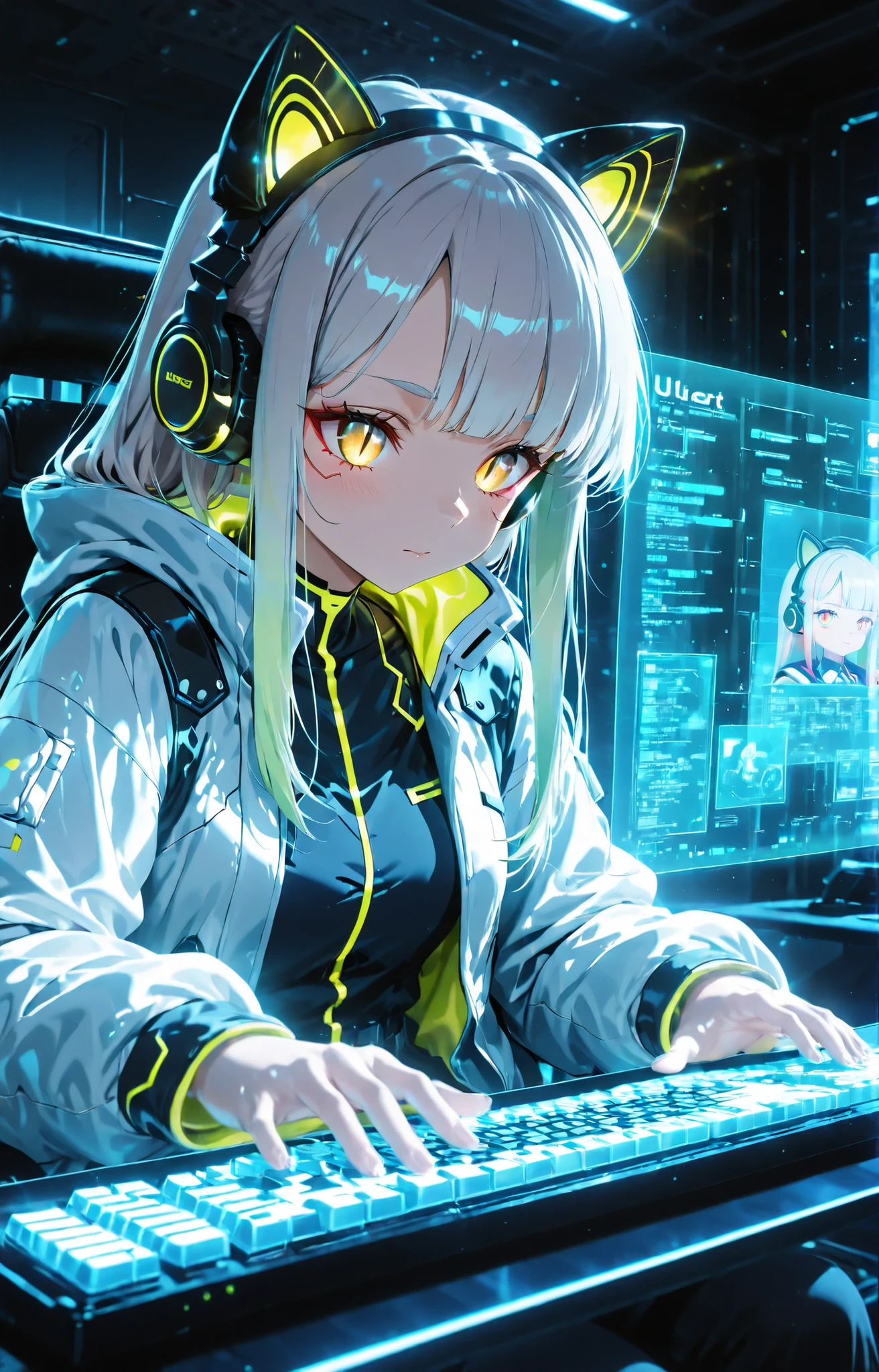 Cyberpunk Anime Girls ,Cyber cat ear headphones ,silver blonde、Slit Pupils、Beautiful Golden Eyes 、detailed eyes 、glowing eyes、cute face, Anime Cyberpunk Art,jacket , anime style4K,
above Crib, soft expression、long hair, Dramatic lighting、bright color、Strong brushstroke 、high contrast 、Hologram Screen、hologram keyboard、Cyberpunk anime girl sitting on a chair typing、
lens flare、
Highest Quality, HD model, Ultra High Accuracy, 3D Rendering, ultra sharp、
,,BREAK, 16K resolution,masterpiece,Super Detailed,Ultra HD,Ultra Quality,anime style , detailed eyes ,detailed face, ,HDR ,Clear Line ,make colors as vivid as possible, Detailed Background