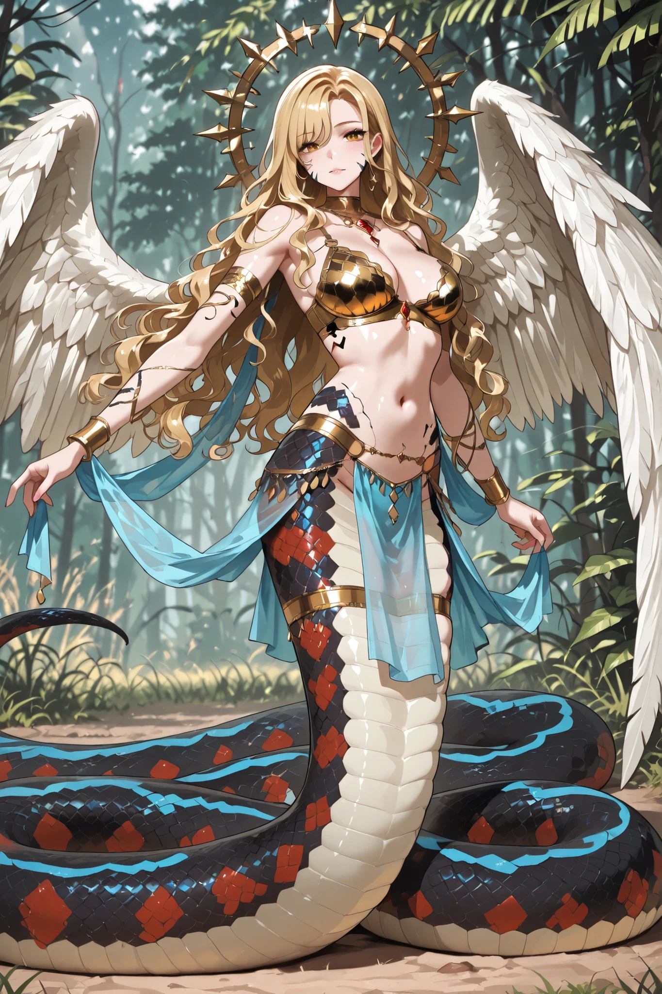 Lamia style girl. Blonde hair. Wavy hair. Asymmetrical bangs. Arabian dancer style. Armored bra. Golden bra. Black snake body. Garter snake elements. Red patterned scales. Blue striped scales. Angel wings. Swamp. Tallgrass.