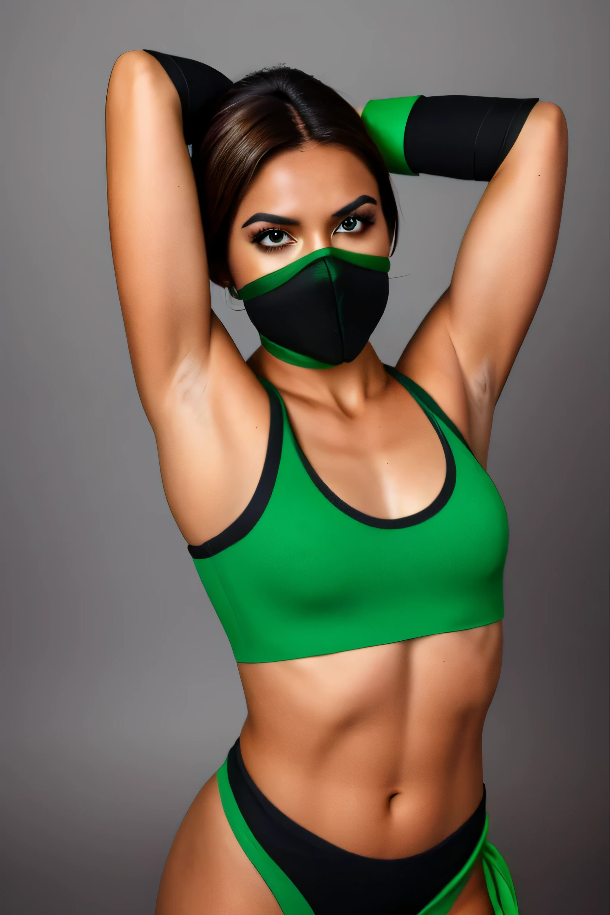 Jade, human woman with wheatish complexion,sleeveless.She has brown eyes and blackish blue clothing. Her hair is blackish brown in color; She is beautiful.Tsundere face.,mature appearance,armpits,sweat,sweaty,sweaty armpits,arms up,showing armpits,awesome armpits,outfit,blackish green arm warmers,blackish green arm bands,black arm warmers, wearing Konoha headband,wearing green face mask