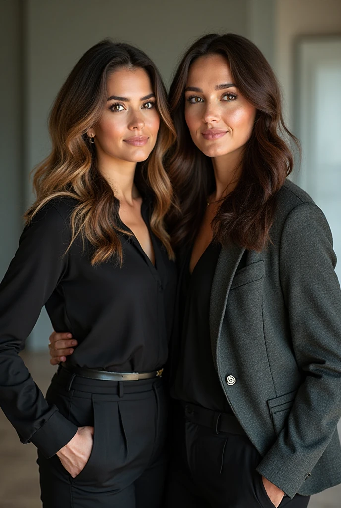 2 gorgeous female friends both wearing tight tibbed turtlenecks 
