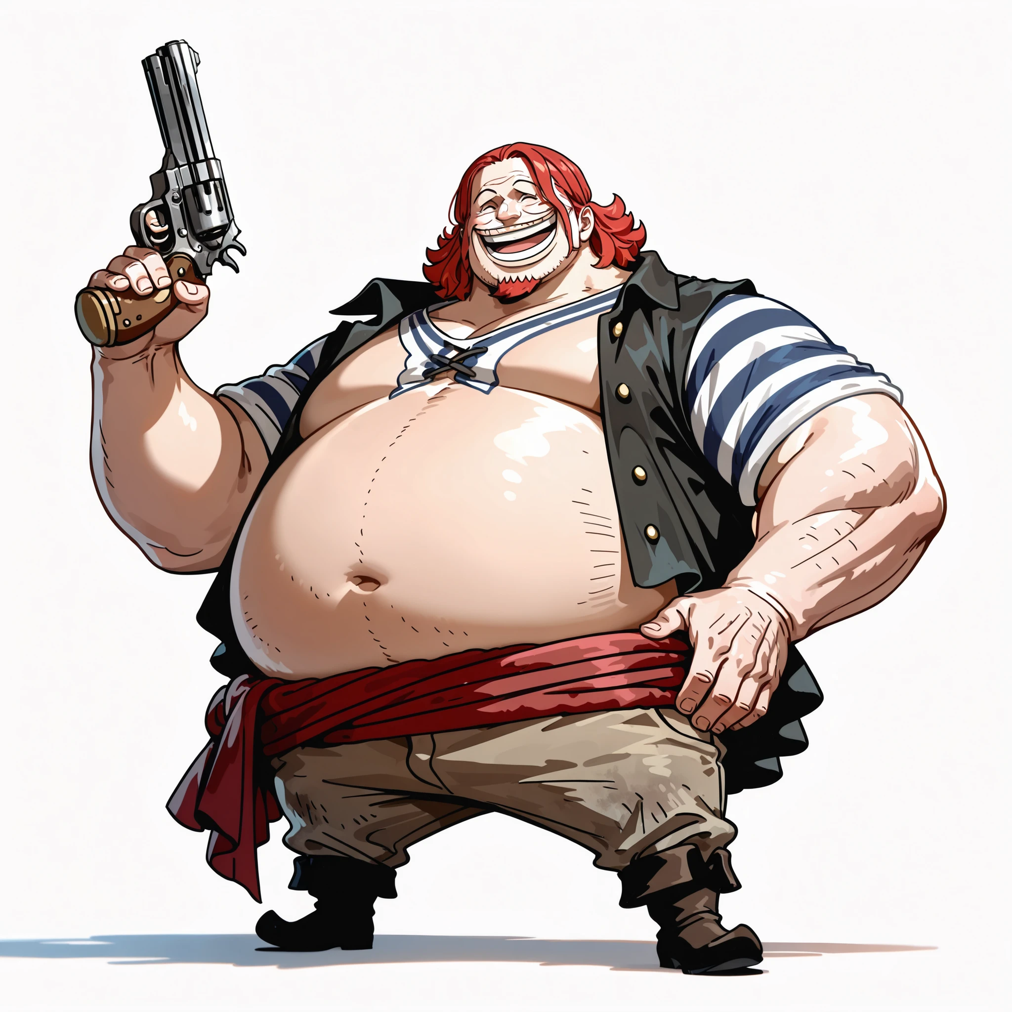 (male), (old man), (short legs), (large arm), (very fat body), (red hair), (medium hair), (goatee), (happy face), (giant body), (giant character), (holding one revolver in one hand), (solo), (single character), (full body version), (white background), (no background), (highly detailed), (shadow), (standing pose), (natural light), (detailed outfit), (detailed hand), (detailed face), (detailed hair)  
Wearing casual pirate crew attire: loose striped shirt, open vest, rugged trousers, wide cloth belt, and worn-out boots, giving him the look of a cheerful sea rogue. (One piece style art)