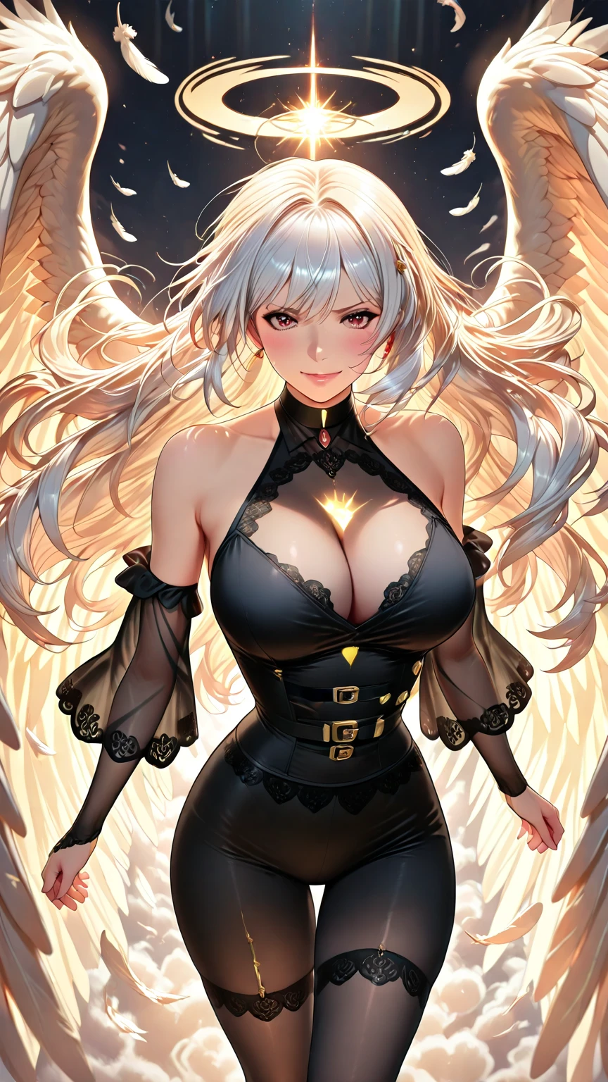 Ultra high quality，8K，Giant  Girl， and feminine, high and cold，Dark beauty，Enchanting，The head proportions are perfect，Gray hair，Wear a sweatshirt monogram print, Short red high-waisted skirt，Flaming red lips，Swan neck，chokers，O sol brilha intensamente，Do not show your 