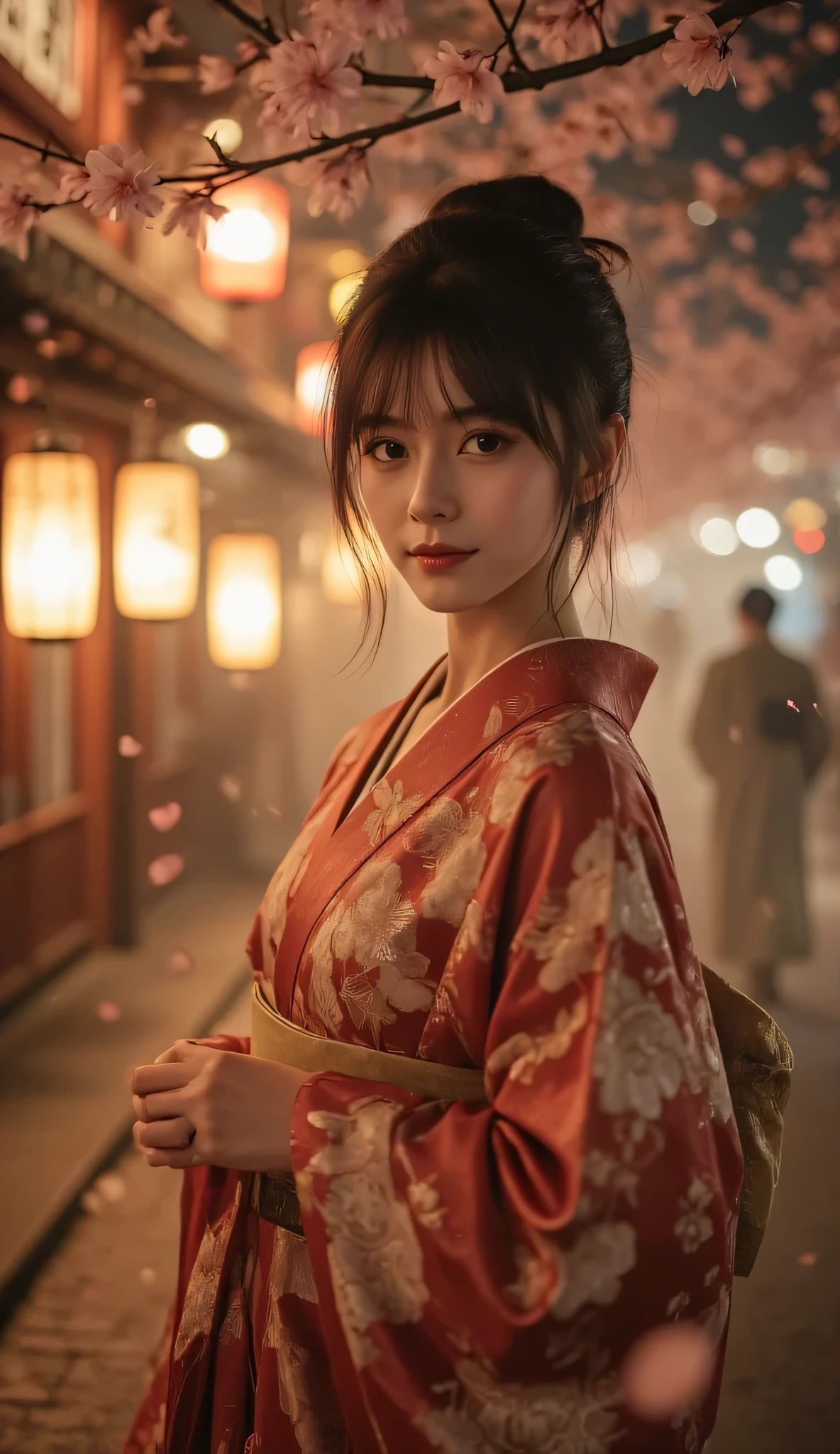 Subject/Background: A stunning young woman in a flowing silk kimono, standing on a lantern-lit street at night during a Japanese festival, soft mist rising from the ground. Cherry blossom petals drift across the frame like in a movie scene.
Character Expression: Subtle, captivating smile with deep expressive eyes, her gaze directed slightly off-camera as if in the middle of a dramatic moment.
Composition: Full-body cinematic shot, 3/4 angle, kimono with detailed embroidery glowing softly in the lantern light, obi tied elegantly, one hand gently lifting her sleeve.
Style/Atmosphere: Cinematic realism, film-grain texture, moody lighting with strong contrasts, warm lantern glow mixed with cool night tones, shot as if from a Japanese romance-drama film.
Improving Quality and Fine Image Expression: (masterpiece cinematic realism:1.3, ultra-detailed:1.3, 8k UHD:1.3, photorealistic:1.3, cinematic lighting:1.3, film still, sharp focus with soft depth of field, subtle bokeh).