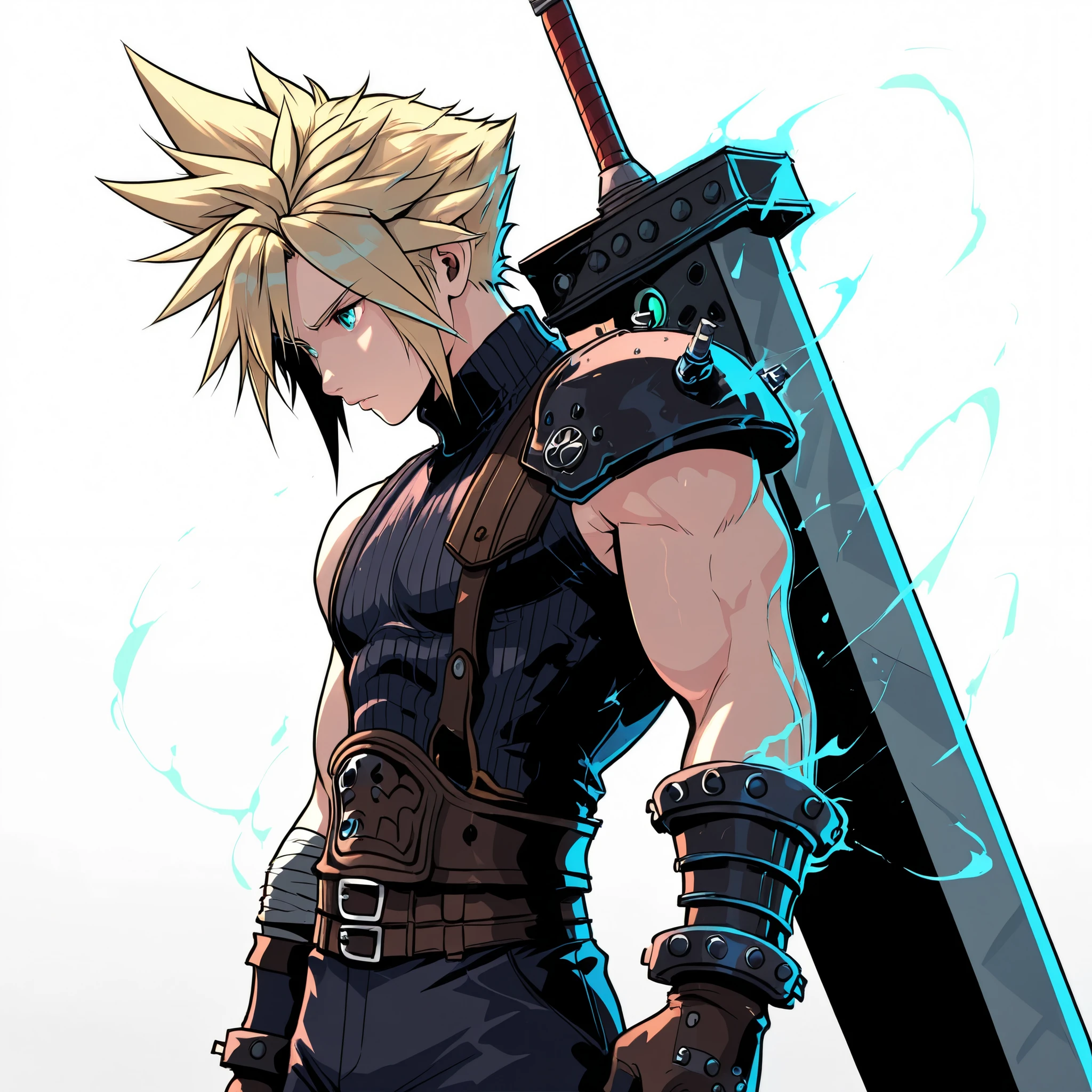 masterpiece, best quality, Cloud Strife, blue swirling energy aura, lean and well defined muscles, Male, Buster Sword on back, teal eyes,  8k, Super Detailed, final fantasy 7, extremely detailed,  perfect anatomy, perfect face, 