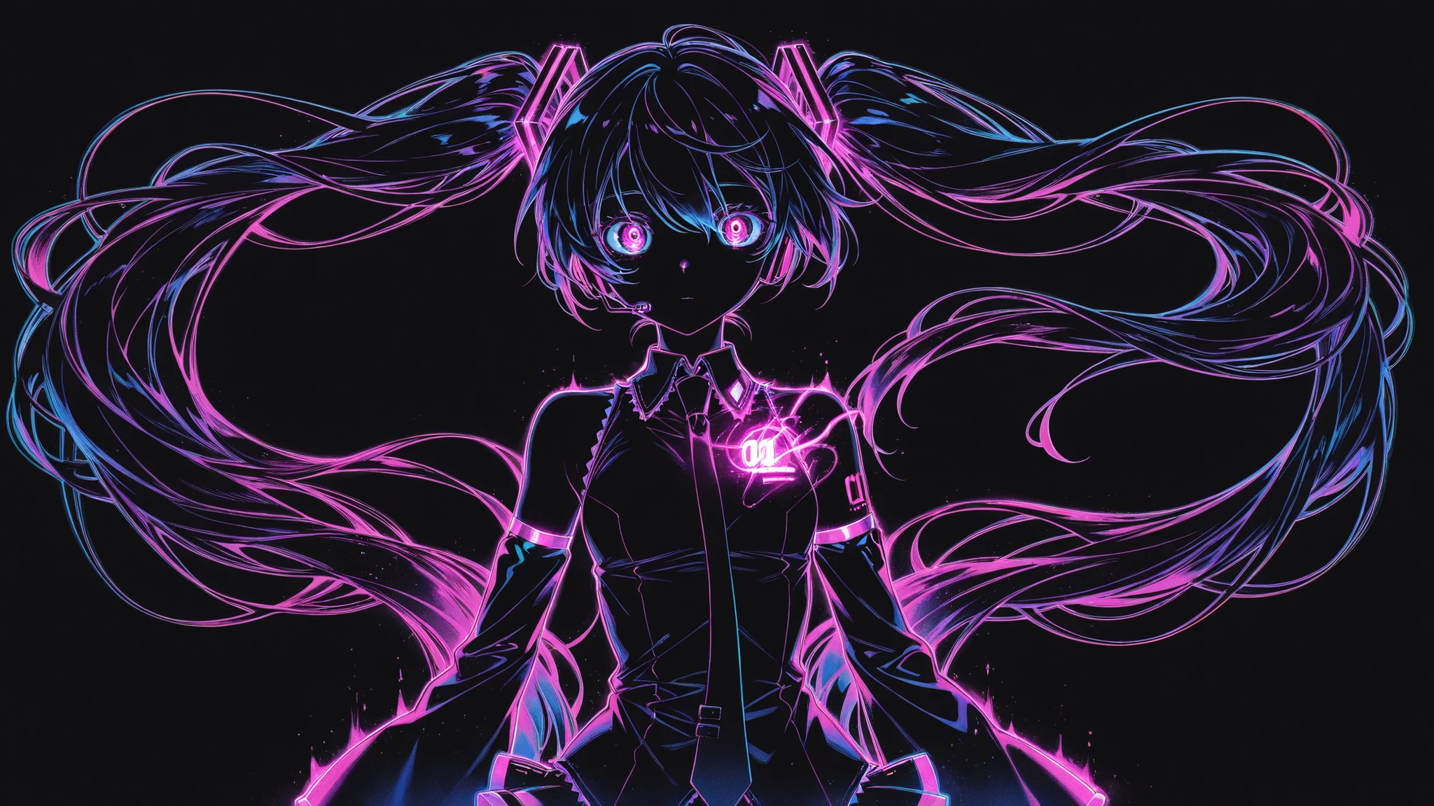 Hatsune Miku,limited palette,black background,colorful,vibrant,glowing outline,neon,blacklight,looking at viewer, masterpiece, very aesthetic