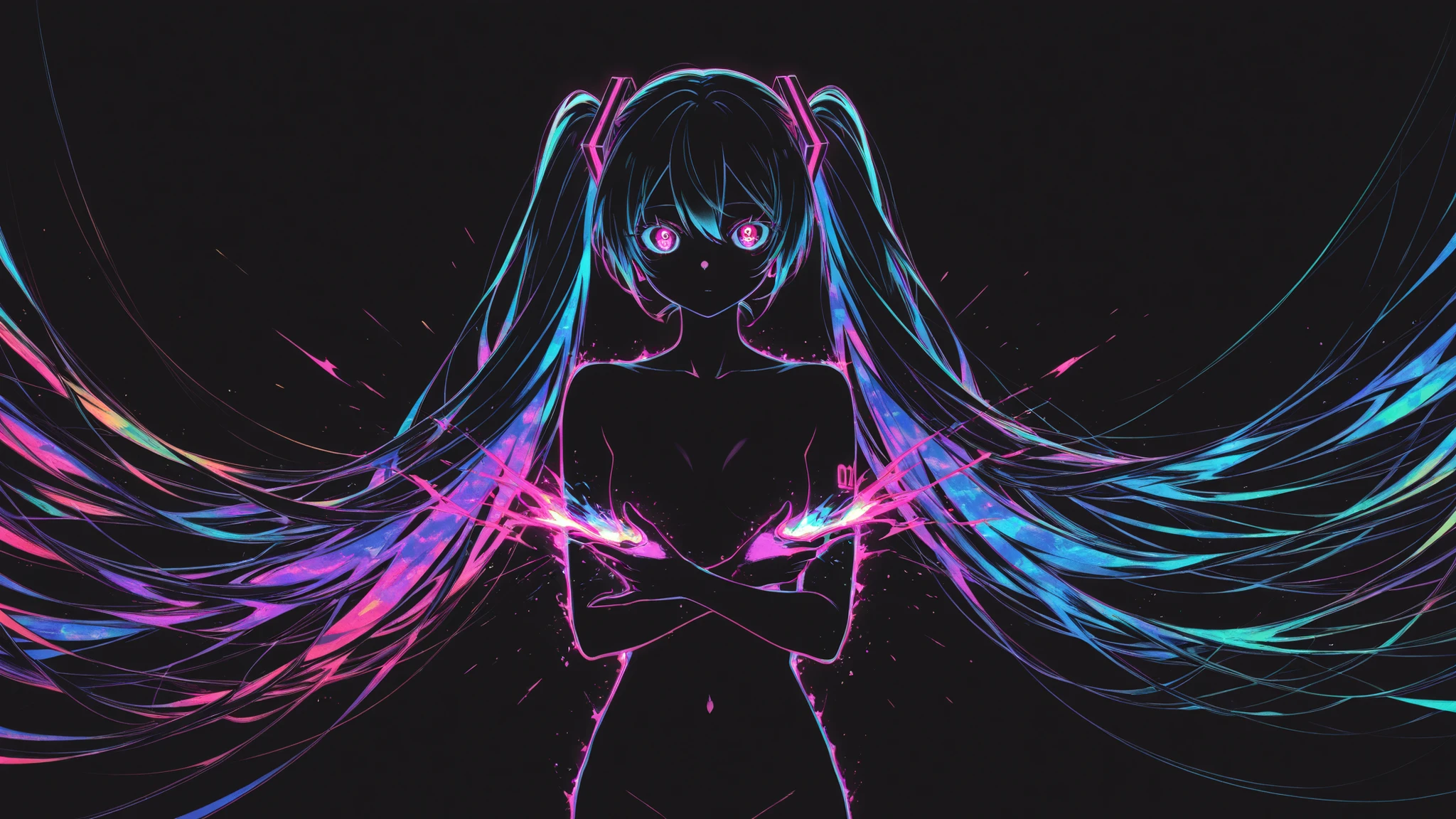 naked,Hatsune Miku,limited palette,black background,colorful,vibrant,glowing outline,neon,blacklight,looking at viewer, masterpiece, very aesthetic