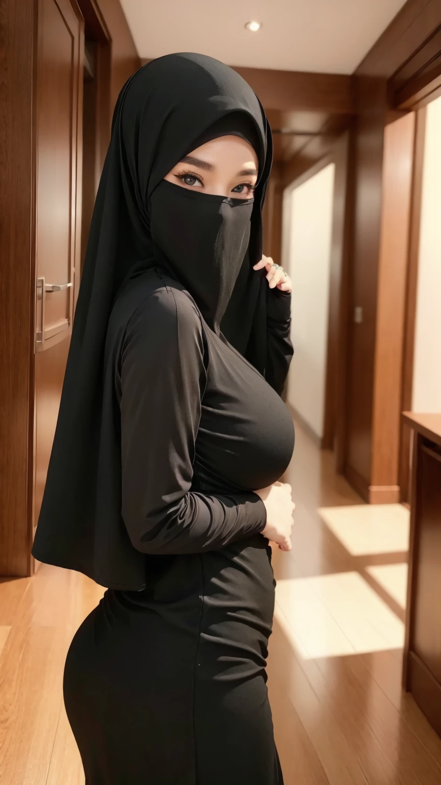 8K, high quality, nice lighting, soft lighting, detail fingers, perfect hand, realistic, dark eyes, , , thighs, wide , muscular, malaysia, black dress, long sleeves, Jewelry,  lady, asian, hijab, niqab,  pose, in office, showing big thighs, nice body, natural largest , wearing wedding rings, hand sock, office girl, mature big body

