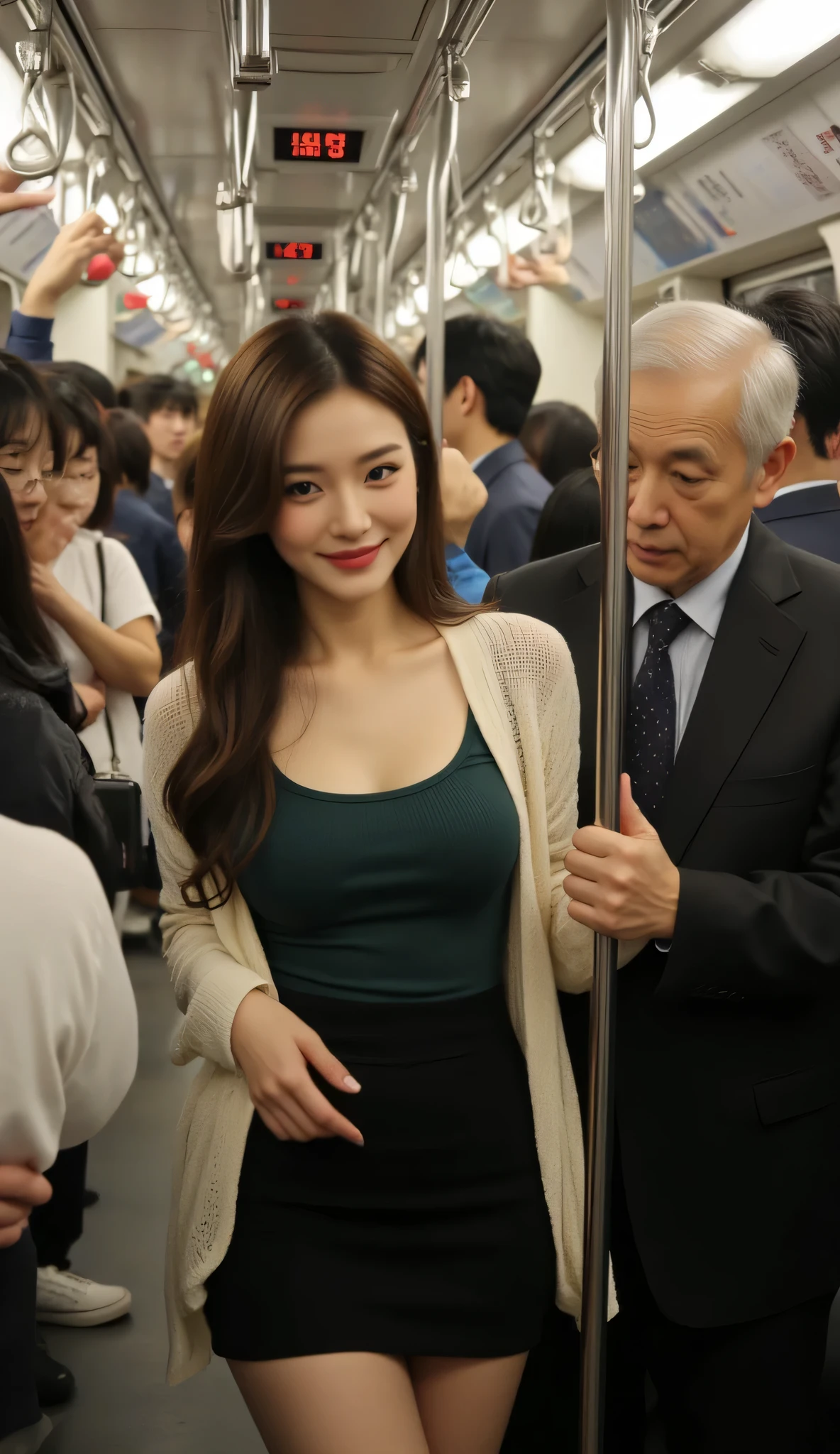 The crowded and crowded atmosphere of the Japanese subway cars, Passenger stands in irregular rows while holding the handle hanger above. In between the passengers stood there was a beautiful woman about 40 years old, He is proportionally tall, dressed sensually like a model, wears dark green tanktop with cream color knit outer, wears black mini skirt, ukuran dada F40, wavy long hair. In front of him is an old man with short stature so his face is right being in front of a woman's chest. Smiling woman's expression, old man's expression tense his eyes are somewhat glaring. Japanese train interior detail, there is a digital kanji lettering trackpad at the end of the carriage. Kamera candid, the photo was taken from the shoulder of the passenger, medium shot close up, realistis, 4K.