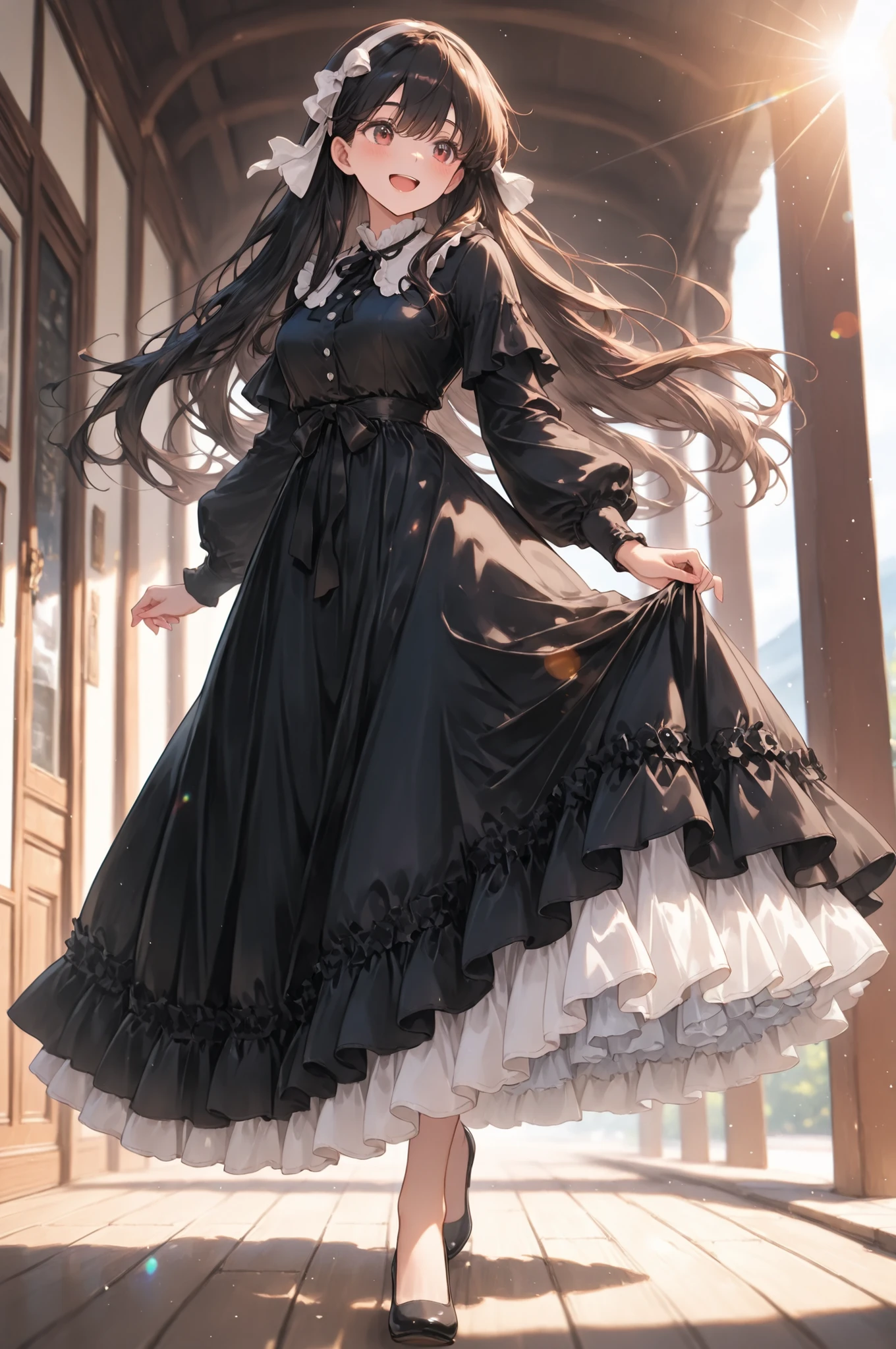 summer,cute 1girl,happy,walking in 1920's Shanghai,fashionable,Chinoiserie long Dress,black Midi Frill Petticoat,Ribbon Bijoux hairband,Jacquard Separate Pumps,lens flare,blurry,(depth of field:1.1),sunlight rays,masterpiece,best quality,