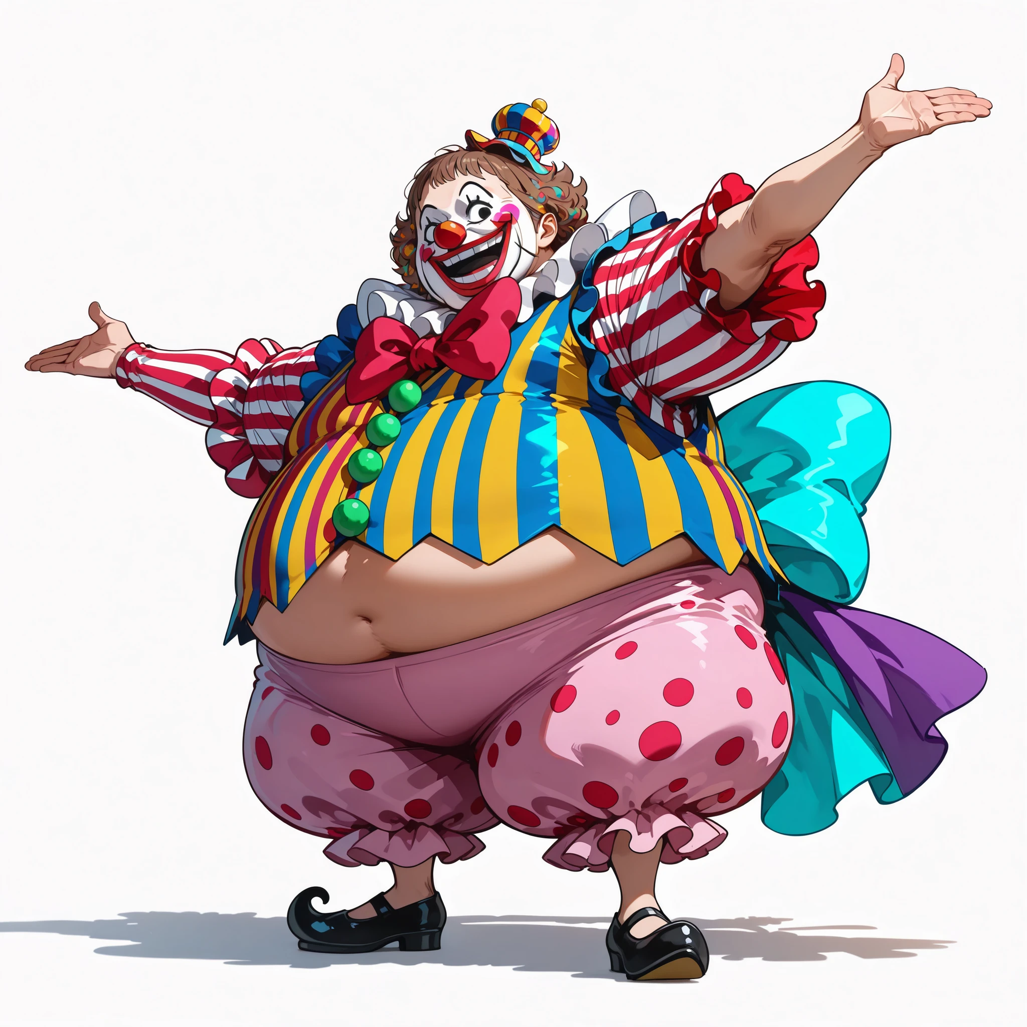 (male), (old man), (short legs), (large arm), (black eyes), (brown hair), (very fat body), (happy face), (happy pose), (clown makeup 🤡), (solo), (single character), (full body version), (white background), (no background), (highly detailed), (shadow), (standing pose), (natural light), (detailed outfit), (detailed hand), (detailed face), (detailed hair)  
Wearing a full colorful circus clown costume: oversized striped shirt, puffy pants, giant bow tie, big shiny shoes, and bright patterned vest with circus decorations. (One piece style art)