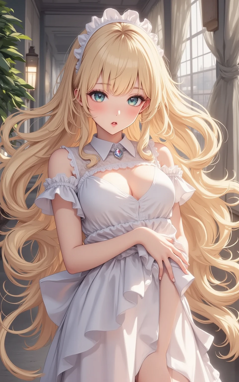 ((masterpiece)), (best quality), (detailed), 1girl, looking at viewer, eyelashes, ((brown eyes)), detailed eyes, (lipstick:0.75), glossylips, round lips, large lips, seductive smile, ((long light brown hair)), ((Long messy hair)), hair in between eyes, (white hair band), white choker, cleavage, medium breasts, white short dress, white frilled thighighs, long compressed sleeves