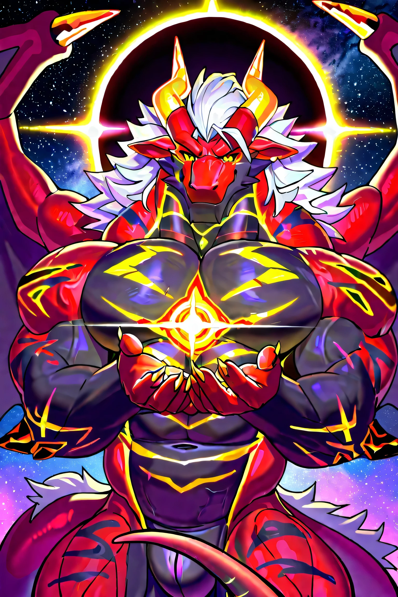 dragon horn shines with gold，magnificent red dragon god，like a dark red black hole，mysterious and powerful，muscular，with black and red scales，flickering in the distance，has obvious scars on the face，perched at the center of the universe，body markings black，Five claws sharp，Golden Dragon Claw，long white hair and flowing，with thick tails，, and the giant dragon wings spread out behind，Majestic posture，Temperament {x} Surrounded by nebulae and cosmic dust，shines brightly，reflecting starlight，panoramic cosmic background，Deep in space，in the distance，embodies the mysterious Oriental dragon，HD Details，Best Picture Quality，Surreal Effects，Strong three-dimensional effect，Volumetric light efficiency，Holographic colors ，Close-up perspective 