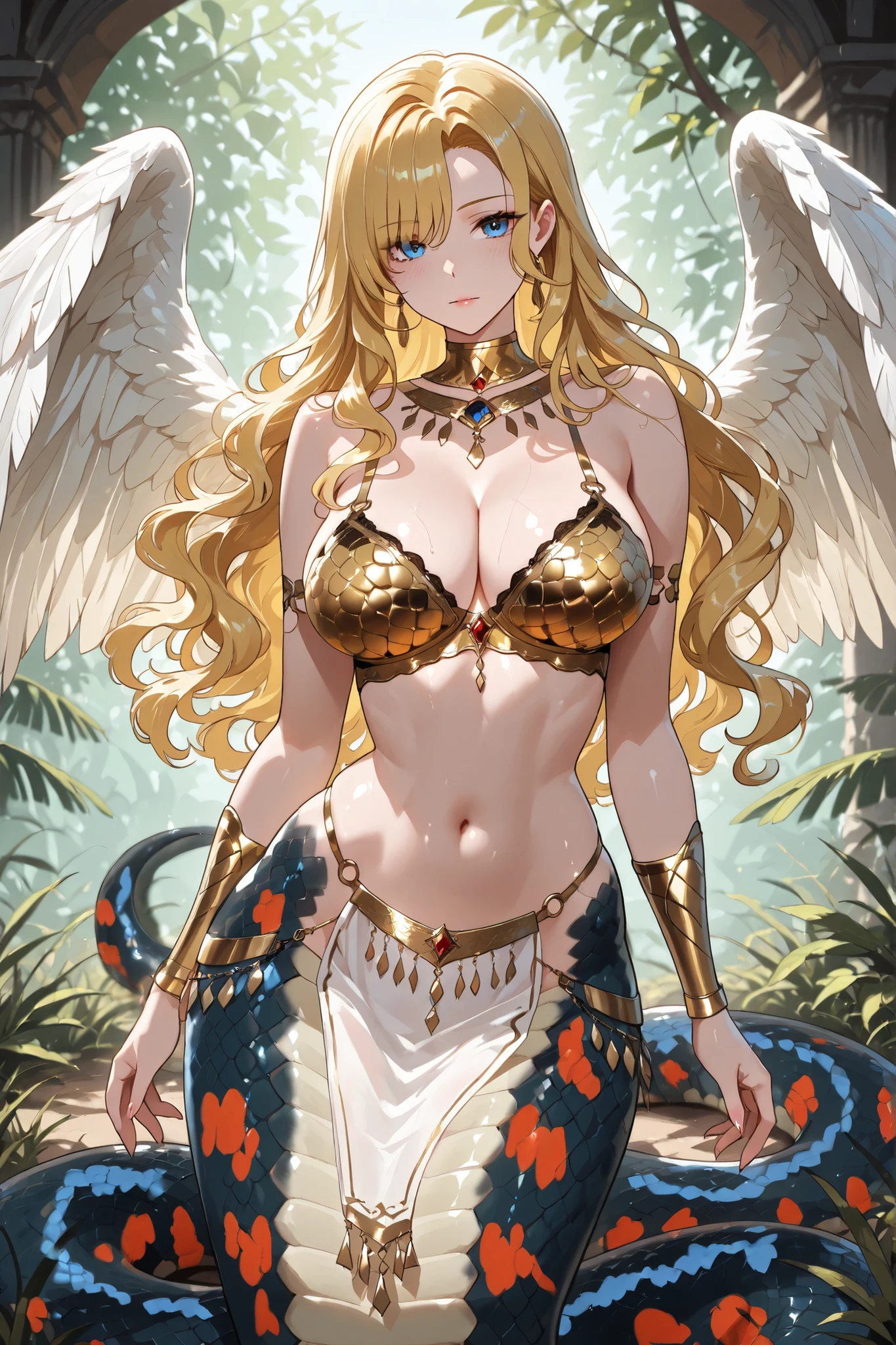 Lamia style girl. Blonde hair. Wavy hair. Asymmetrical bangs. Arabian dancer style. Armored bra. Golden bra. Black snake body. Garter snake elements. Red patterned scales. Blue striped scales. Angel wings. Swamp. Tallgrass.