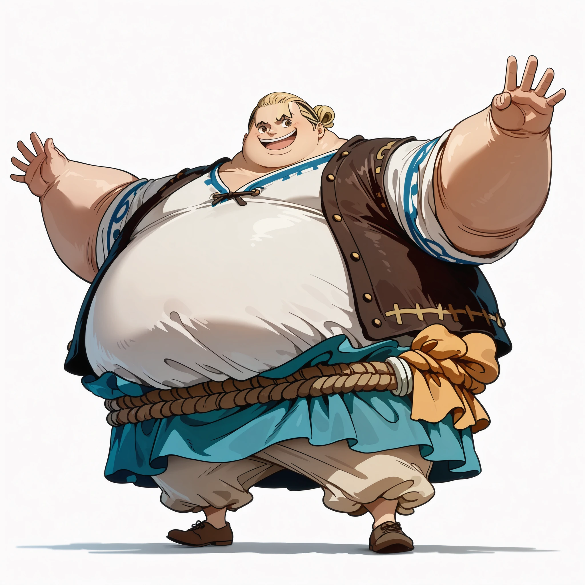 (male), (teen boy), (short legs), (large arm), (very fat body), (slick back hairstyle), (blonde hair), (brown eyes), (no beard), (happy face), (happy pose), (giant body), (giant character), (solo), (single character), (full body version), (white background), (no background), (highly detailed), (shadow), (standing pose), (natural light), (detailed outfit), (detailed hand), (detailed face), (detailed hair)  
Wearing casual medieval city attire: simple tunic, leather vest, cloth trousers, rope belt, and brown shoes, giving the look of an ordinary city youth. (One piece style art)