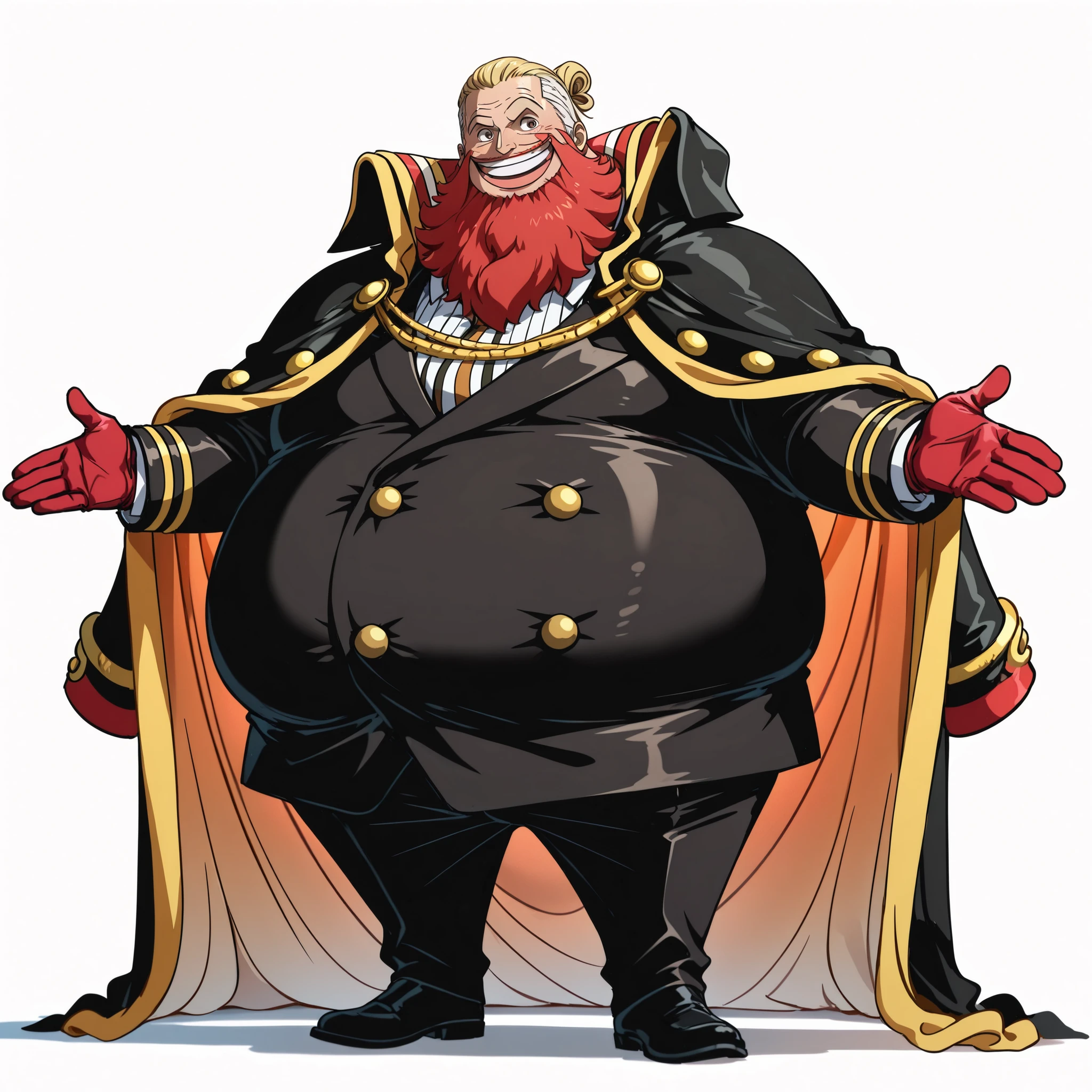 (male), (old man), (short legs), (large arm), (very fat body), (full red beard), (slick back hairstyle), (blonde hair), (brown eyes), (happy face), (happy pose), (giant body), (giant character), (gloves), (solo), (single character), (full body version), (white background), (no background), (highly detailed), (shadow), (standing pose), (natural light), (detailed outfit), (detailed hand), (detailed face), (detailed hair)  
Wearing a formal admiral suit, decorated coat with gold buttons, formal vest, matching trousers, black leather shoes, and admiral’s cloak flowing behind. (One piece style art)