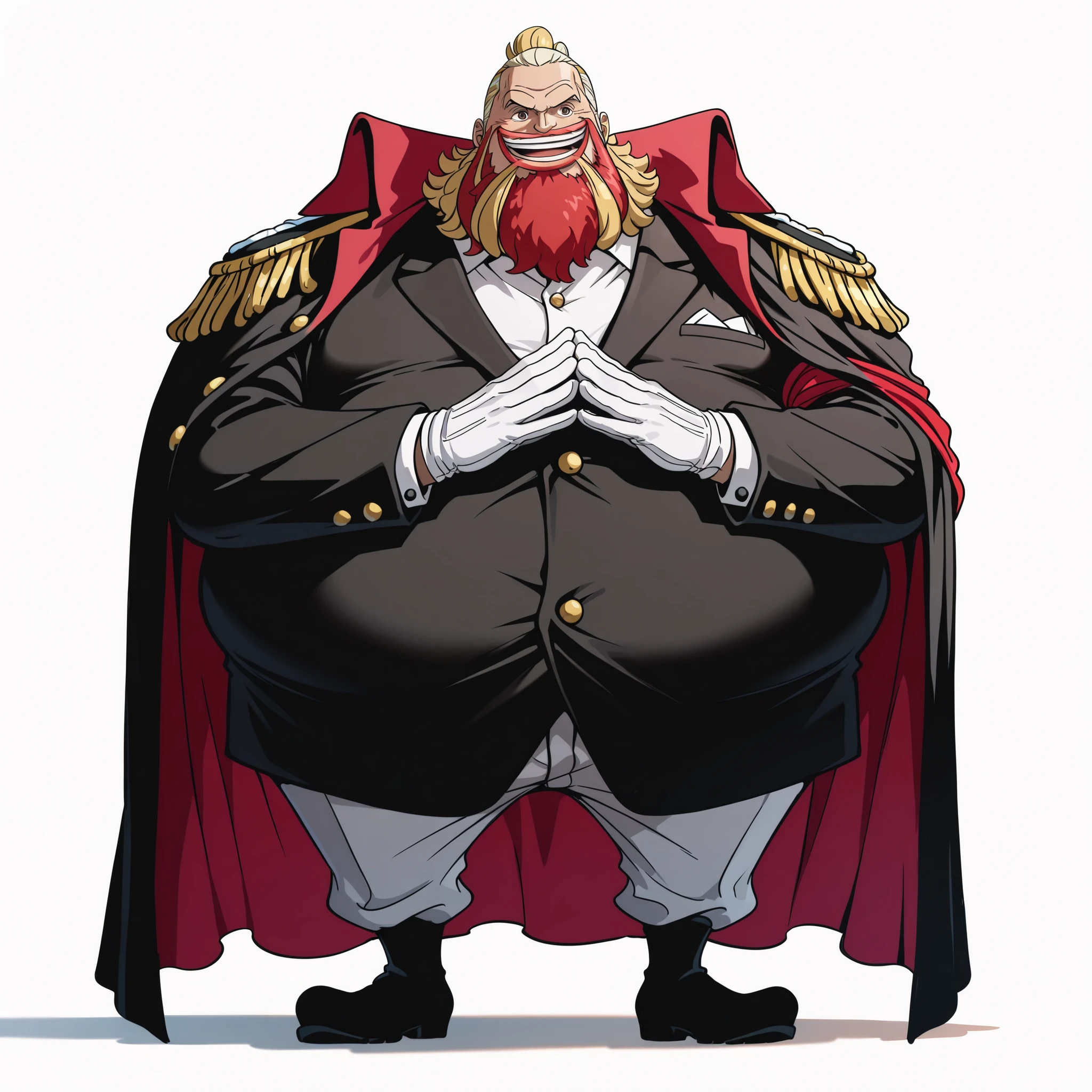 (male), (old man), (short legs), (large arm), (very fat body), (red beard), (slick back hairstyle), (blonde hair), (brown eyes), (happy face), (happy pose), (giant body), (giant character), (solo), (single character), (full body version), (white background), (no background), (highly detailed), (shadow), (standing pose), (natural light), (detailed outfit), (detailed hand), (detailed face), (detailed hair)  
Wearing vice admiral casual formal outfit, elegant open coat with naval details, formal inner shirt, long formal trousers, black formal boots, and a flowing admiral cloak. (One piece style art)