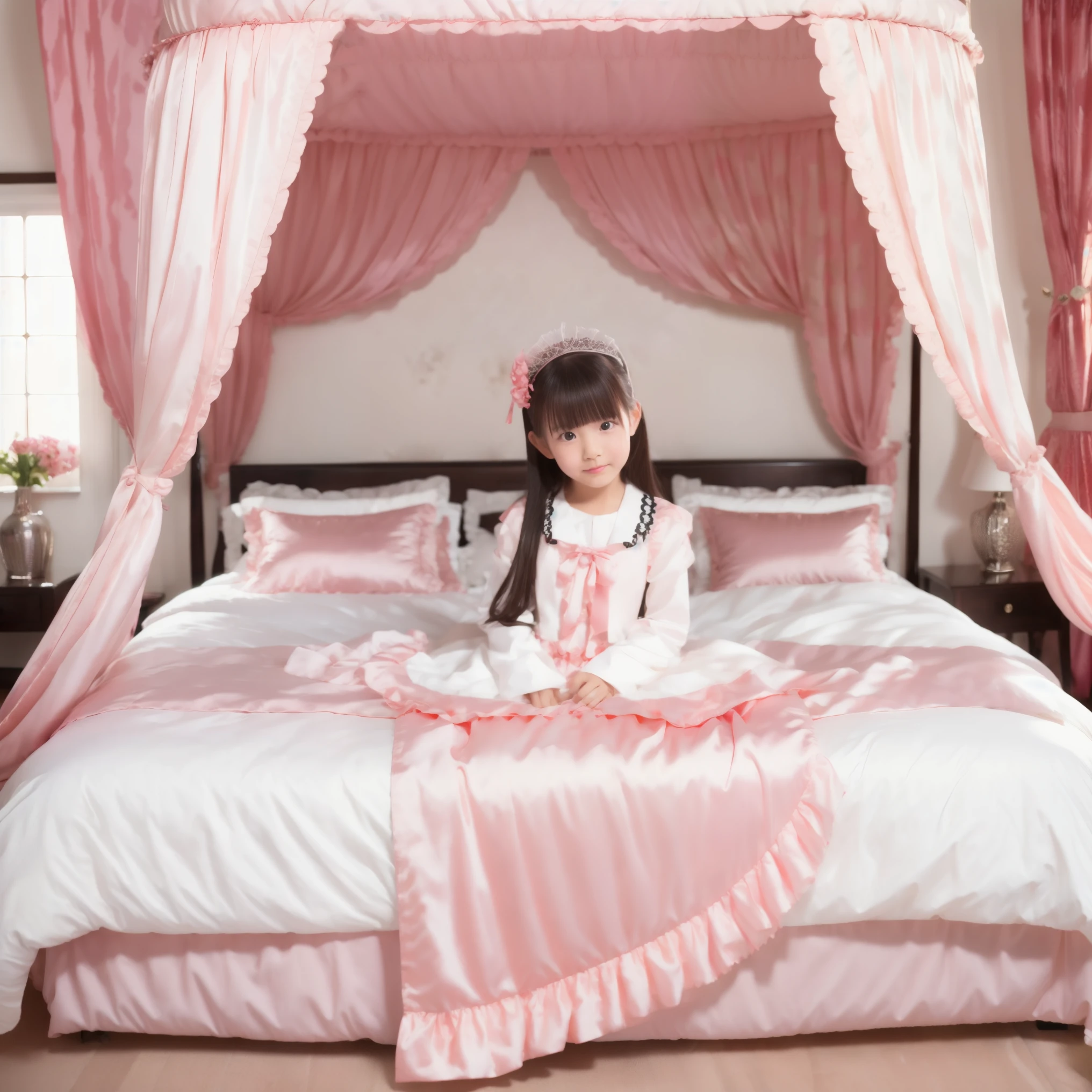 japanese little girl,frilled dress,canopy bed,on the bed,model photo shoot,