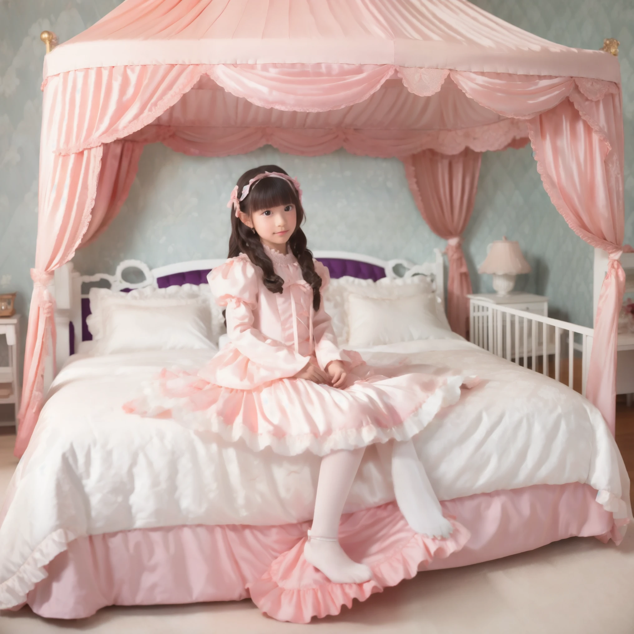 japanese little girl,frilled dress,canopy bed,on the bed,model photo shoot,