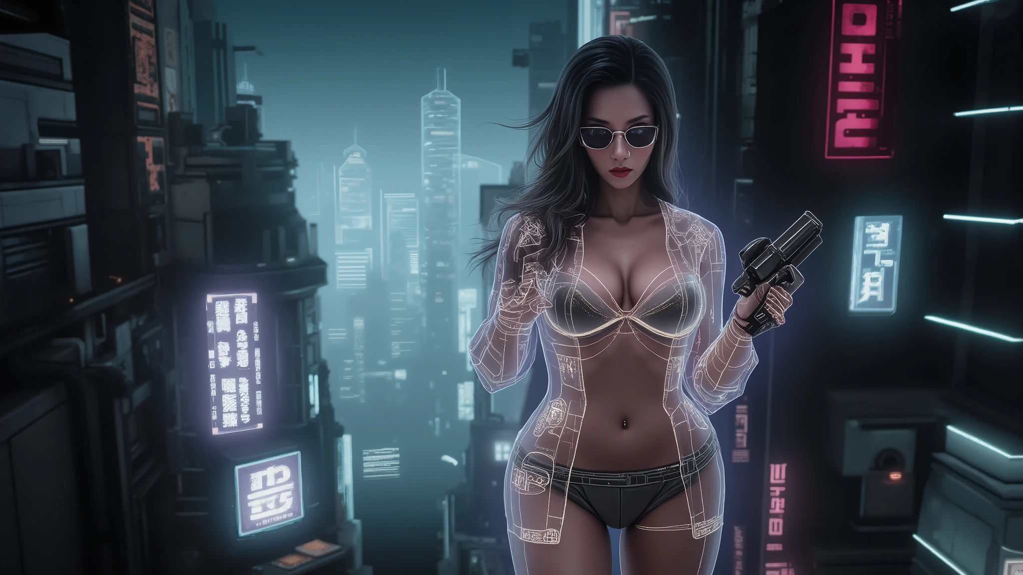 blueprint style buildings. (((high angle view, overhead shot))). Translucent Chinese girl in mid-ground, ((half-body thigh level medium:1.8 shot)), long hair, open legs, (((transparent:0.1 short:0.1 shift dress))), cleavage, large-breast:1.1, (((aiming short:0.1 pistol at viewer))), Matrix style micro sunglasses, ((Three-quarter view style, she appears at the right half of the frame, positioned in the middle-right, cinematic shot, rule of thirds composition)), slim:0.5 body, ((serious look)), slim face, (((lace tiny bra and lace G-string micro panty))), (realistic, photorealistic, photo-realistic:1.37), digital art, sci-fi concept art, cyberpunk city, (dramatic lighting, neon lights, glowing wires, cyberpunk aesthetic, futuristic), blue and purple color tones, cinematic composition.