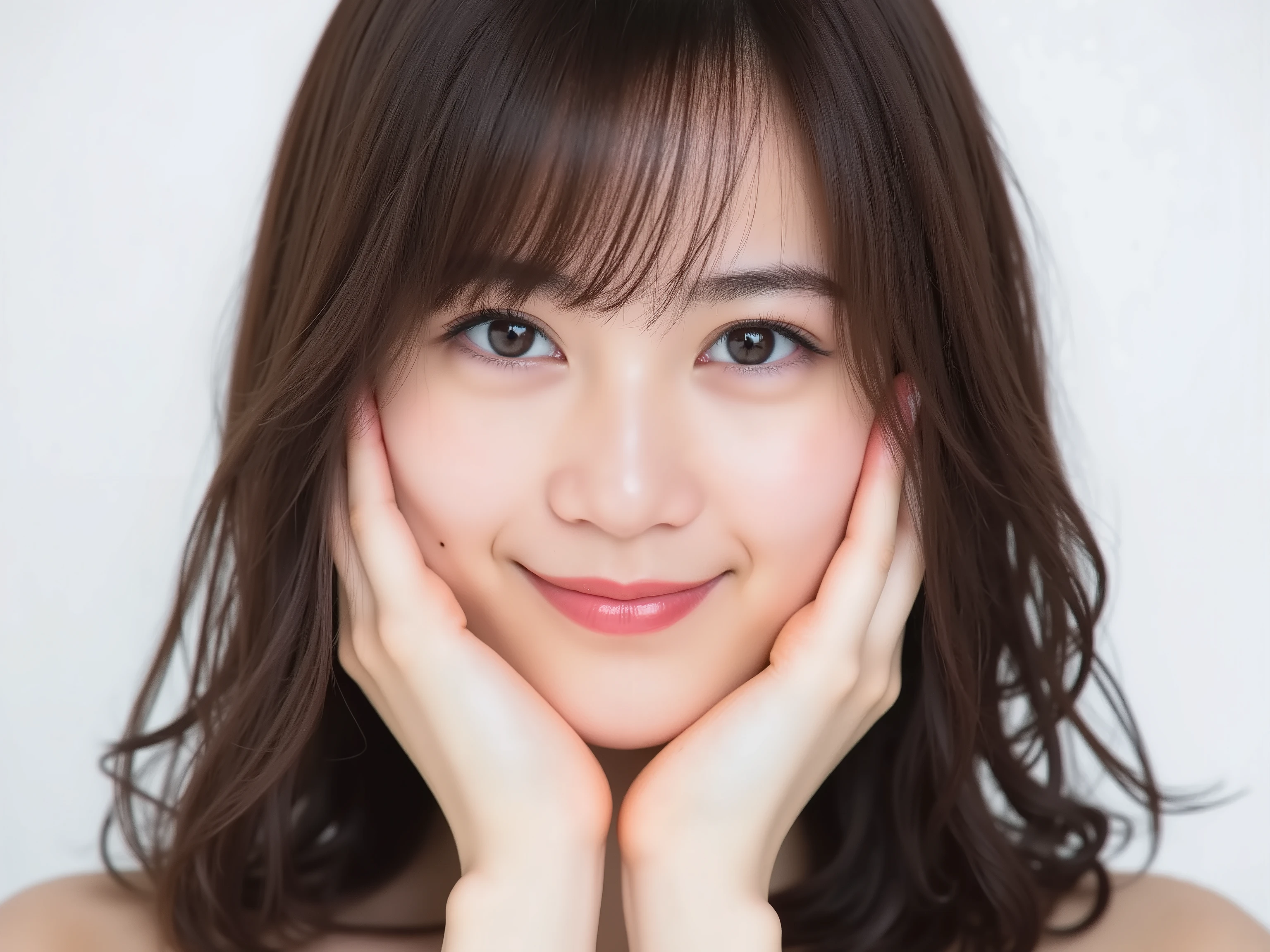 Ultra photorealistic close-up portrait of a beautiful Japanese woman,
upper-body shot, wearing a black outfit (completely out of frame, not visible),
shoulders and collarbone softly exposed,
both hands pressing her cheeks in a shy, lovestruck pose,
sparkling eyes gazing dreamily at the viewer with overwhelming affection,
cheeks blushing deeply with a sweet reddish glow,
soft glossy lips forming a tender, slightly pouty smile,
expression melting with love, playful, dreamy, adorably bashful,
purely cute and lovestruck, overflowing with affection and warmth,
smooth glowing skin texture with delicate details,
hair softly framing her blushing face, slightly tousled,
background pure white with gentle blur,
(masterpiece, best quality, high resolution, intimate romantic close-up, cinematic magazine cover style)