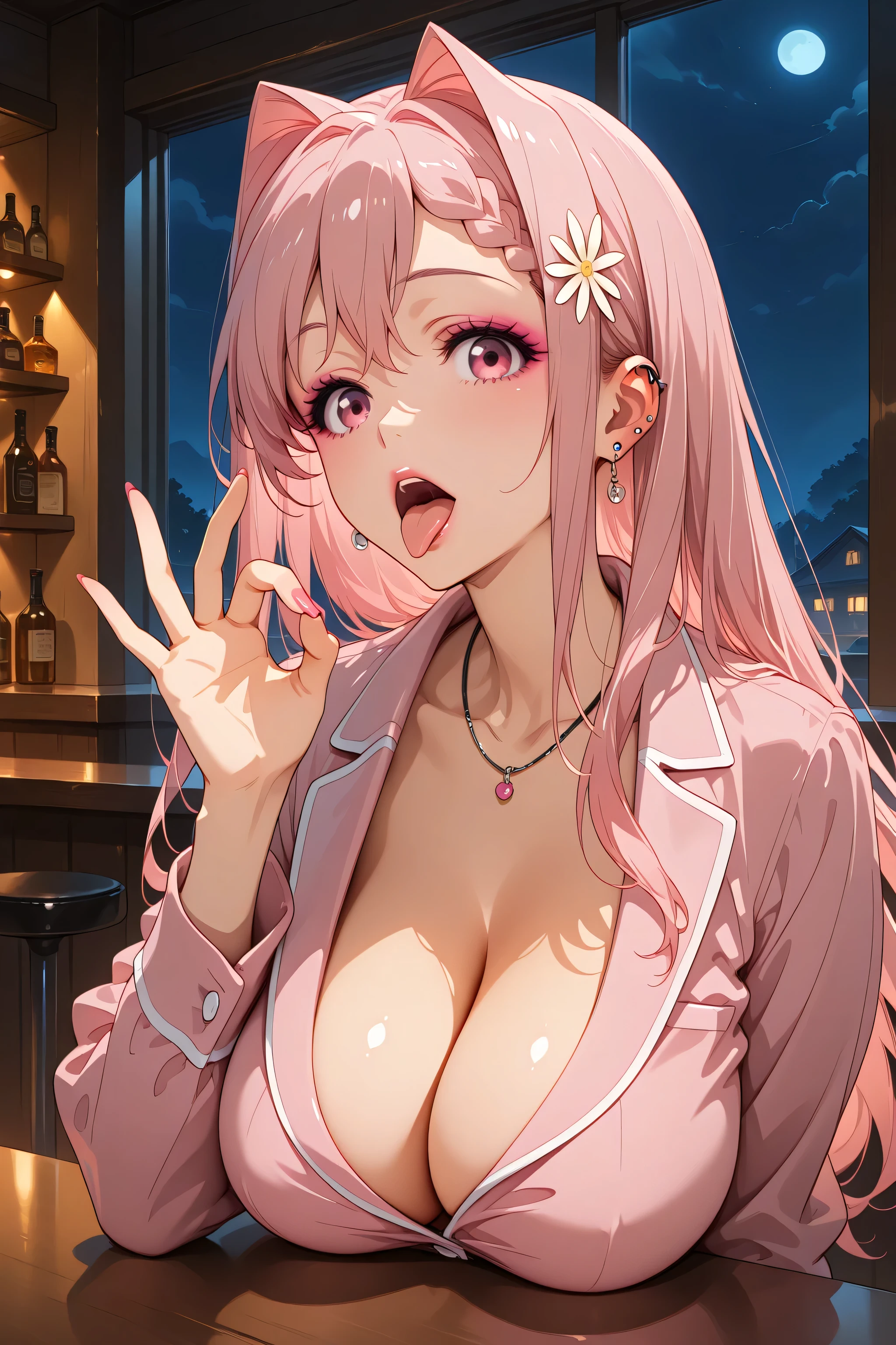 masterpiece, best quality, amazing quality, highres, absurdres, very aesthetic, high resolution, ultra detailed, perfect details, 1girl, indoors, (night:1.3), bar_(place), Large breasts, mkhekaren, pink eyes, long hair, pink hair, hair intakes, braid, hair flower, hairclip, earrings, ear piercing, Pink pajamas, cleavage,(aged up:1.2), looking at viewer,anime,fellatiogesture,open mouth,tongue out,gyaru, makeup, jewelry, lips,eyelashes