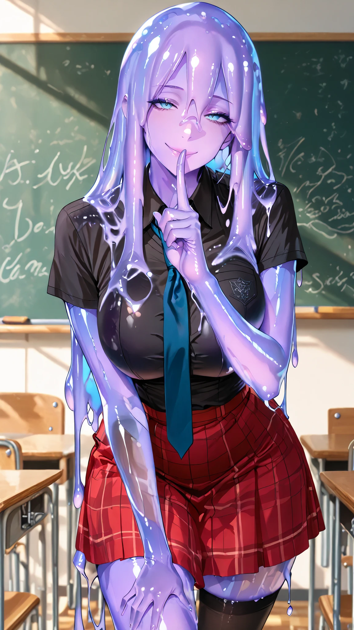 handfixer,dasiwaslgl,SOLO,A Purple Slime Girl,Blue Eyes,Slime long hair Shiny Skin,Slim Body,Big Breasts,Slim Waist,Big Hip,Wearing A Black Short Sleeves Shirt With Blue Tie,Red JK Skirt,Black Stockings,Standing in A Classroom,((Shushing)),Lean Forward,Torogao,Seductive smile,UHD, SOLO, anatomically correct, masterpiece, Slime skin, high details, highres, 1080P, 16k, accurate,Cowboy Shot,(((look at the viewer)))