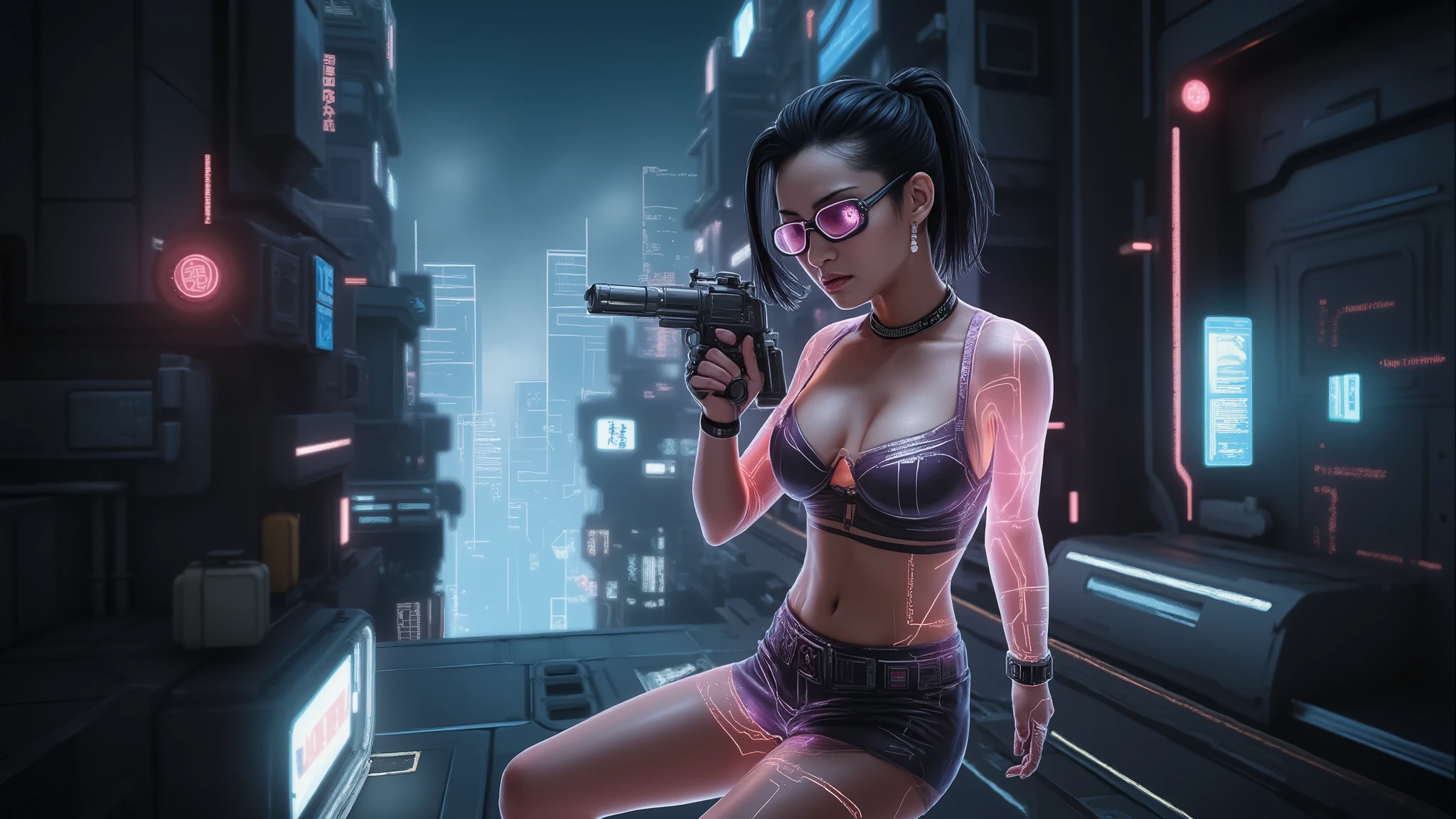blueprint style buildings. (((high angle view, overhead shot))). Translucent Chinese girl in mid-ground, ((half-body thigh level medium:1.8 shot)), long hair, open legs, (((transparent:0.1 short:0.1 shift dress))), cleavage, medium-breast:1.0, (((aiming short:0.1 pistol at viewer))), Matrix style micro sunglasses, ((Three-quarter view style, she appears at the right half of the frame, positioned in the middle-right, cinematic shot, rule of thirds composition)), slim:0.3 body, ((serious look)), slim face, (((lace tiny bra and lace G-string micro panty))), (realistic, photorealistic, photo-realistic:1.37), digital art, sci-fi concept art, cyberpunk city, (dramatic lighting, neon lights, glowing wires, cyberpunk aesthetic, futuristic), blue and purple color tones, cinematic composition.