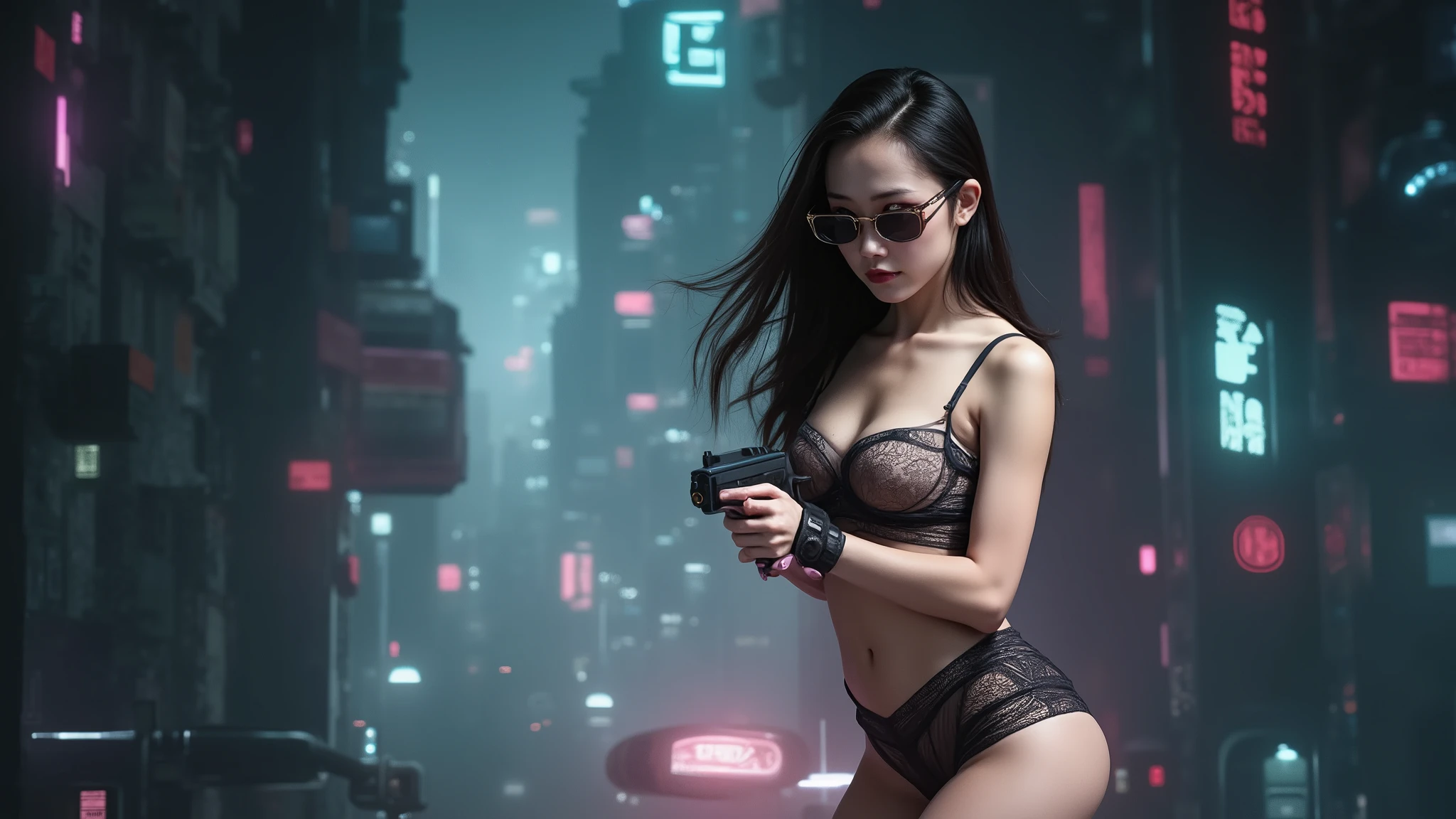 blueprint style buildings. (((high angle view, overhead shot))). Translucent Chinese girl in mid-ground, ((half-body thigh level medium:1.8 shot)), long hair, open legs, (((transparent:0.1 short:0.1 shift dress))), cleavage, medium-breast:1.0, (((aiming short:0.1 pistol at viewer))), Matrix style micro sunglasses, ((Three-quarter view style, she appears at the right half of the frame, positioned in the middle-right, cinematic shot, rule of thirds composition)), slim:0.3 body, ((serious look)), slim face, (((lace tiny bra and lace G-string micro panty))), (realistic, photorealistic, photo-realistic:1.37), digital art, sci-fi concept art, cyberpunk city, (dramatic lighting, neon lights, glowing wires, cyberpunk aesthetic, futuristic), blue and purple color tones, cinematic composition.