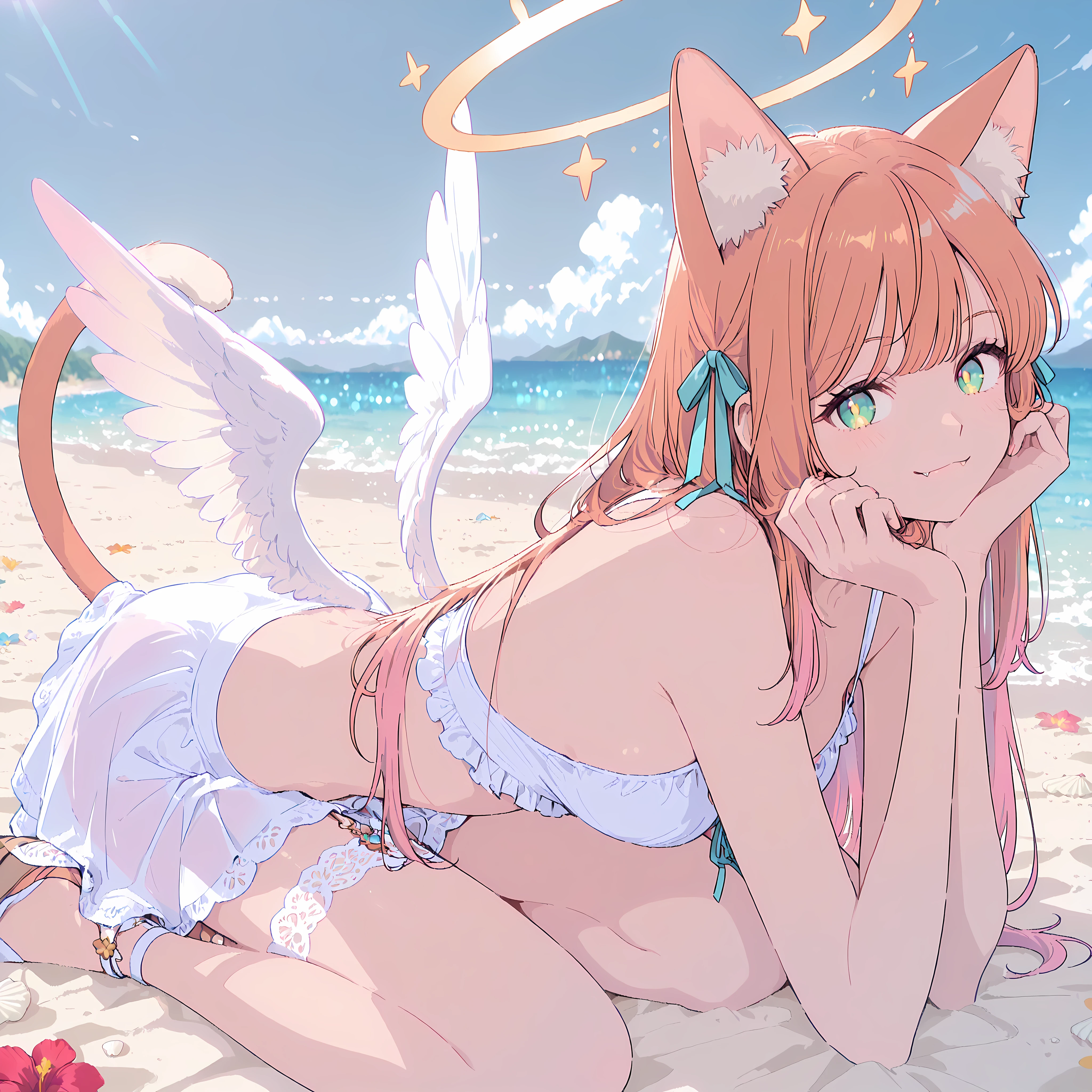 Beautiful,Girl,fullbody,Japanese Anime,Anime,detailed eyes,anime eyes,high detail eyes,multicolored iris,detailed iris,,(masterpiece, best quality, high resolution, ultra-detailed), 1girl, solo, kanade-default,green eyes,orange hair,long hair,animal ears,hair ribbon,fang,a cat tail, bright and happy smile,
wearing a cute frilly white bikini, small translucent angel wings sparkling in the sun, a faint glowing halo,soft fabric,fantasy
a delicate lace garter on one thigh,
one hand resting gently on the sand, the other holding a seashell
background is a beautiful sunny beach, sparkling turquoise ocean, clear blue sky, summer, vibrant colors