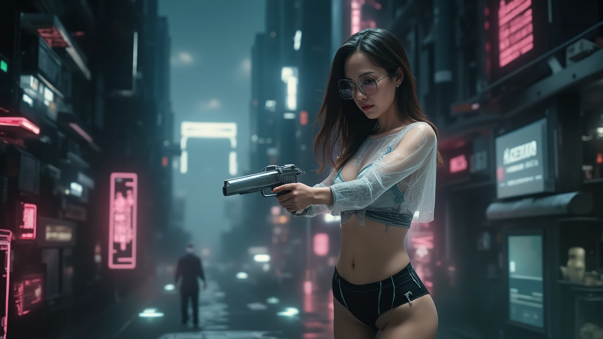 (blueprint style buildings, medium size flying 1drone). (((high angle view, overhead shot))). Translucent Chinese girl in mid-ground, ((half-body thigh level medium:1.8 shot)), long hair, open legs, (((transparent:0.1 short:0.1 shift dress))), cleavage, medium-breast:1.0, (((aiming short:0.1 pistol at viewer))), Matrix style micro sunglasses, ((Three-quarter view style, she appears at the right half of the frame, positioned in the middle-right, cinematic shot, rule of thirds composition)), slim:0.3 body, ((serious look)), slim face, (((lace tiny bra and lace G-string micro panty))), (realistic, photorealistic, photo-realistic:1.37), digital art, sci-fi concept art, cyberpunk city, (dramatic lighting, neon lights, glowing wires, cyberpunk aesthetic, futuristic), blue and purple color tones, cinematic composition.