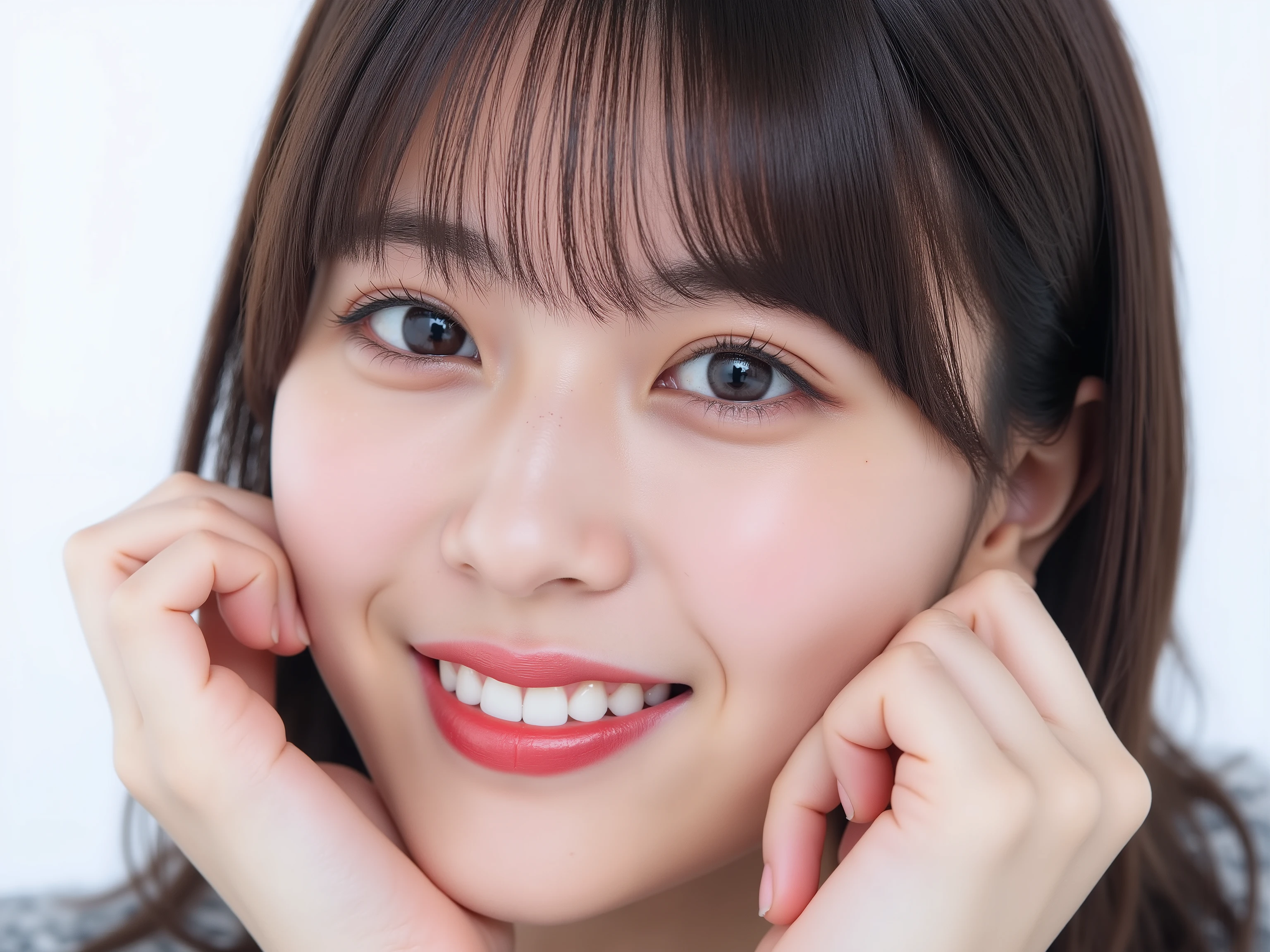 Ultra photorealistic close-up portrait of a beautiful Japanese woman,
upper-body shot, wearing a black outfit (completely out of frame, not visible),
shoulders and collarbone softly exposed,
both hands pressing her cheeks in a shy, lovestruck pose,
sparkling eyes gazing dreamily at the viewer with overwhelming affection,
cheeks blushing deeply with a sweet reddish glow,
soft glossy lips forming a tender, slightly pouty smile,
expression melting with love, playful, dreamy, adorably bashful,
purely cute and lovestruck, overflowing with affection and warmth,
smooth glowing skin texture with delicate details,
hair softly framing her blushing face, slightly tousled,
background pure white with gentle blur,
(masterpiece, best quality, high resolution, intimate romantic close-up, cinematic magazine cover style)