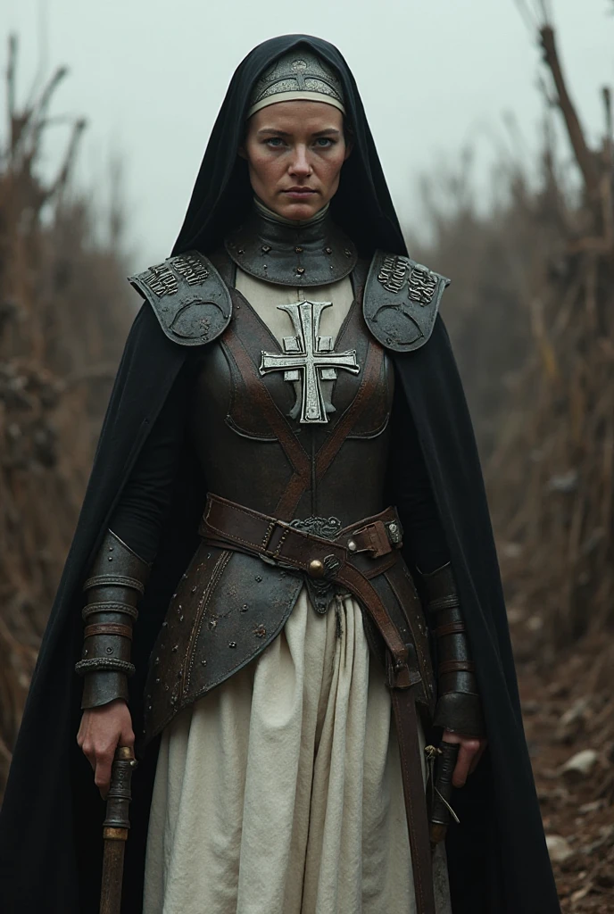 (masterpiece, top quality, best quality, official art, beautiful and aesthetic:1.2), (1girl:1.3), ((Sharp  features, sharp features, hawkish features)), ((blue eyes)),  brunette paladin knight girl, extremely detailed, portrait, looking at viewer, solo, (full body:0.6), detailed background, full-body shot, (warm mountain meadow theme:1.1), holy knight, (nun), charlatan, smirk, mysterious, swaying in mountains, armor, polished metal, gold trim, long boots, white fabric, pelvic curtain, robe, pale leather, ((((nun, greatsword, corona, holy aura, heavy armor, armored, long legs, pelvic curtain, toned, muscular)))), slim waist, slim , long legs, medieval (mountain exterior:1.1) background, dark mysterious lighting, shadows, magical atmosphere, dutch angle