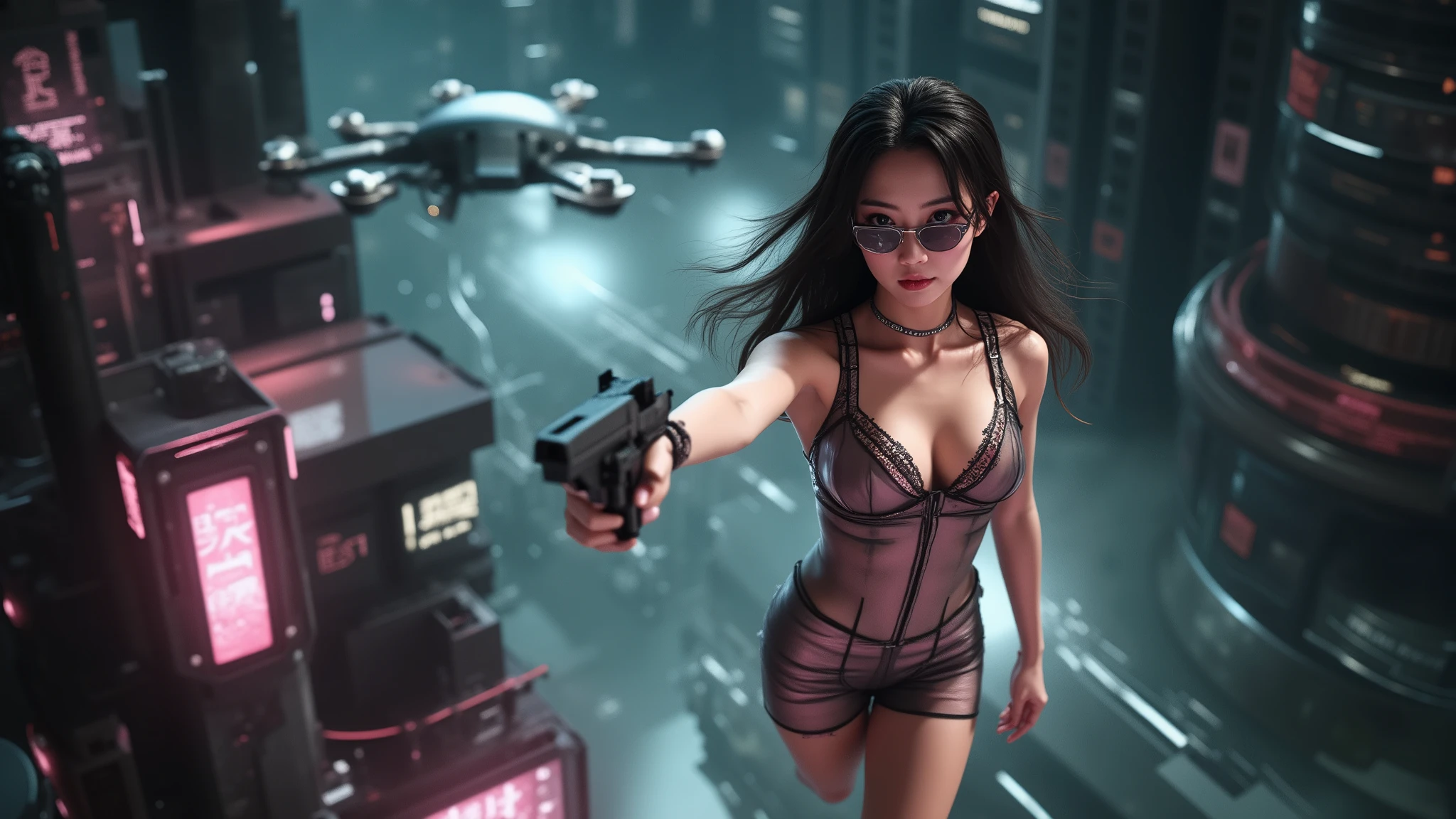 (blueprint style buildings, medium size flying 1drone). (((high angle view, overhead shot))). Translucent Chinese girl in mid-ground, ((half-body thigh level medium:1.8 shot)), long hair, open legs, (((transparent:0.1 short:0.1 shift dress))), cleavage, medium-breast:1.0, (((aiming short:0.1 pistol at viewer))), Matrix style micro sunglasses, ((Three-quarter view style, she appears at the right half of the frame, positioned in the middle-right, cinematic shot, rule of thirds composition)), slim:0.3 body, ((serious look)), slim face, (((lace tiny bra and lace G-string micro panty))), (realistic, photorealistic, photo-realistic:1.37), digital art, sci-fi concept art, cyberpunk city, (dramatic lighting, neon lights, glowing wires, cyberpunk aesthetic, futuristic), blue and purple color tones, cinematic composition.