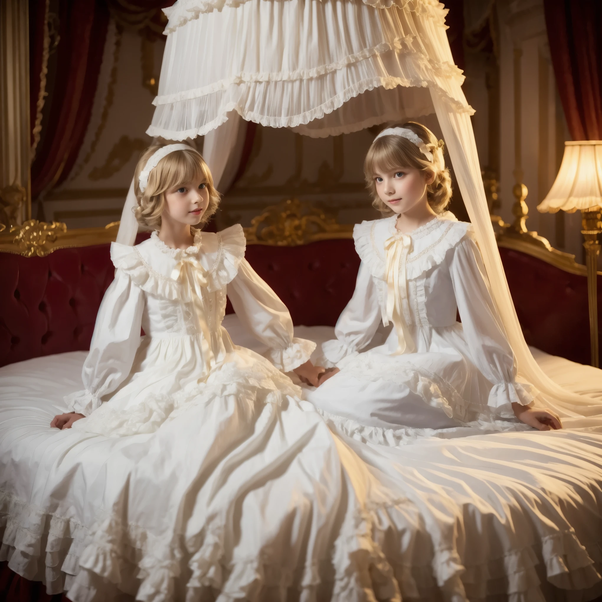 Highest Quality, masterpiece, highest resolution, art work, super get used to it, many Get used to it, Get used to it, get used to it,change,,little girl, Before going to bed,((12 years old)),European,((long blonde hair:1.0)),(((white nightgown with lots of frills and ribbons,1920s style Victorian nightgown:1.2))),((frill nightcap with ribbon)),((detailed yoke color with ruffles and ribbons,detailed ruffle placket:1.0)),((long sleeve,puff sleeve with ribbon,Ruffle sleeves)),((ruffle long skirt up to the ankle:1.0)),((the whole body is shown)),(of the goddess),(Riding),detailed night view and the moon in the window,Before going to bed, white ruffle socks,Luxurious canopy bed on the back,super detailed background,