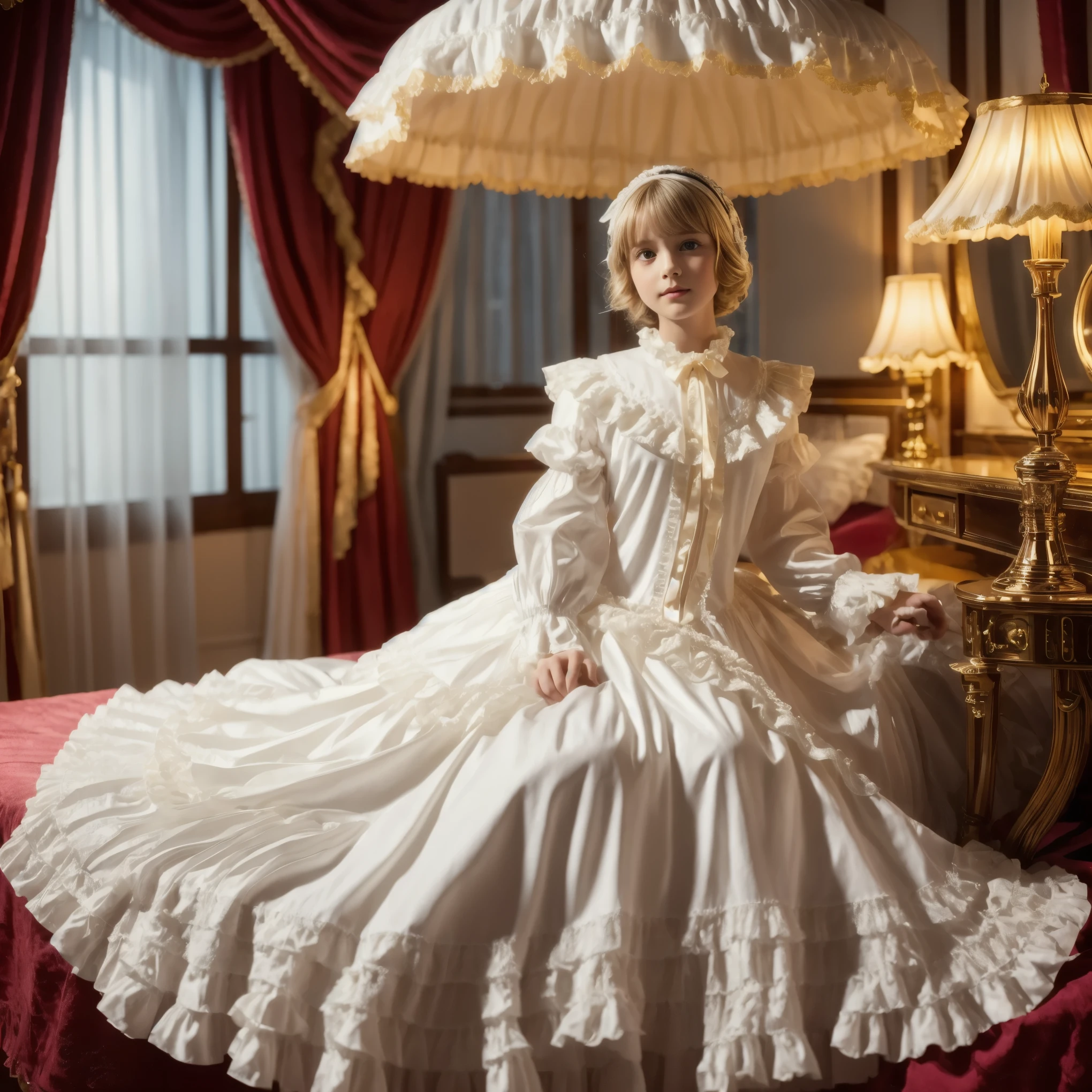 Highest Quality, masterpiece, highest resolution, art work, super get used to it, many Get used to it, Get used to it, get used to it,change,,little girl, Before going to bed,((12 years old)),European,((long blonde hair:1.0)),(((white nightgown with lots of frills and ribbons,1920s style Victorian nightgown:1.2))),((frill nightcap with ribbon)),((detailed yoke color with ruffles and ribbons,detailed ruffle placket:1.0)),((long sleeve,puff sleeve with ribbon,Ruffle sleeves)),((ruffle long skirt up to the ankle:1.0)),((the whole body is shown)),(of the goddess),(Riding),detailed night view and the moon in the window,Before going to bed, white ruffle socks,Luxurious canopy bed on the back,super detailed background,