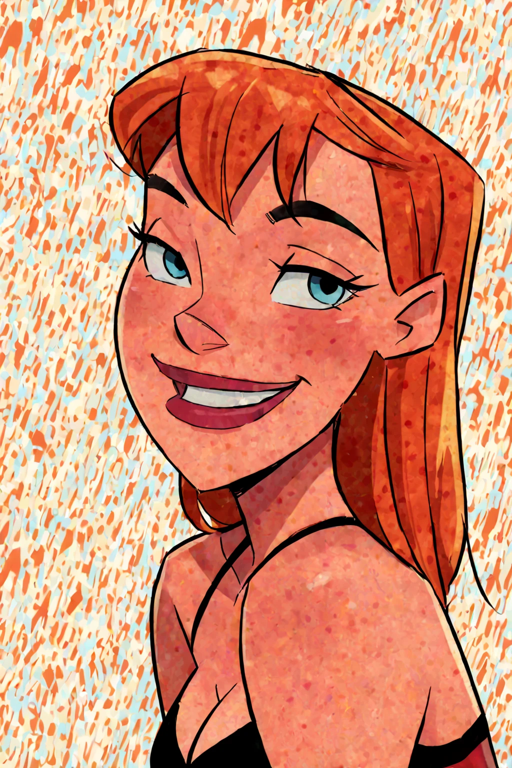 tom bancroft style, 2d drawing, fully colored, cartoony, 1girl, nami, long hair, bikini, upper body